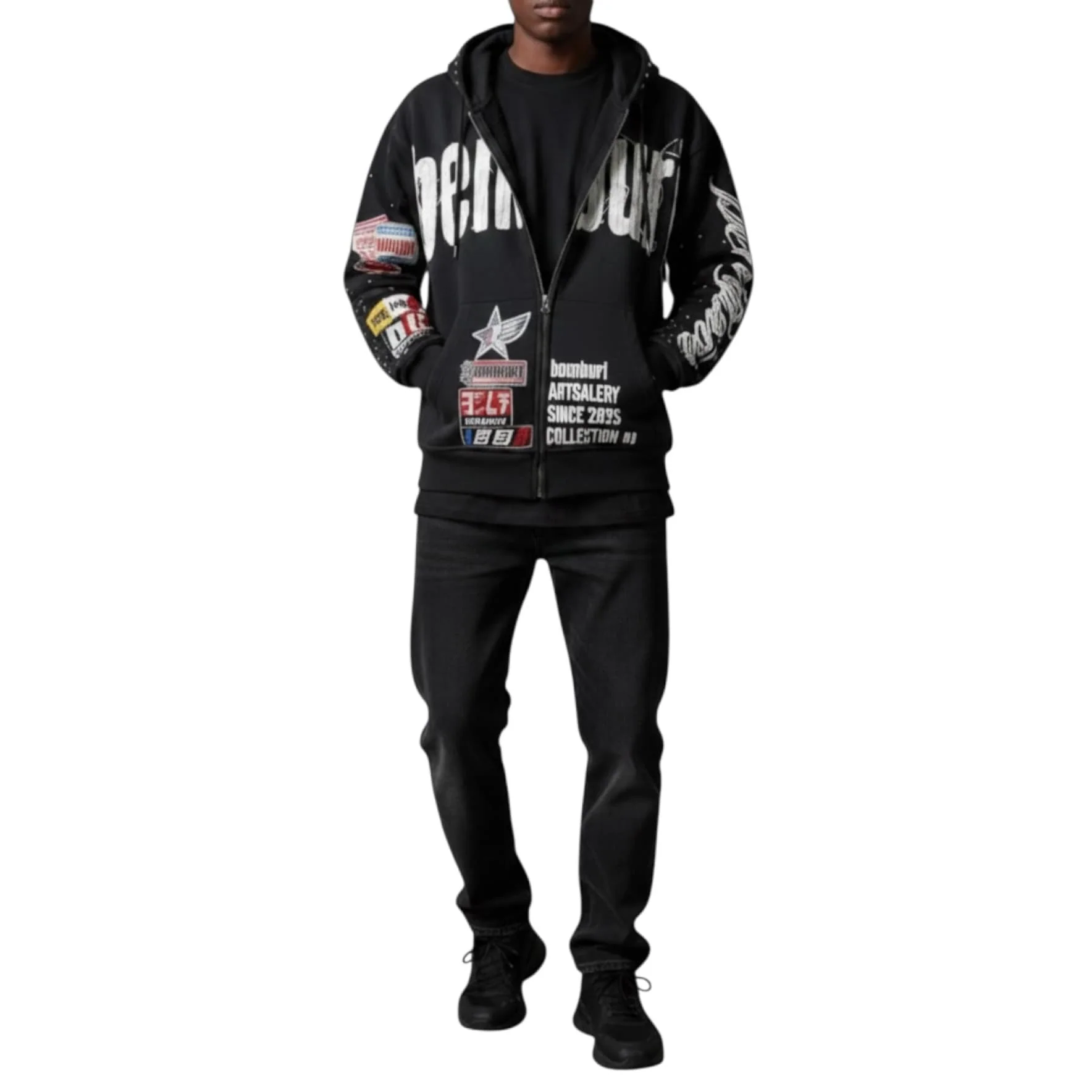 Bemburi Racing Zip Up Hoodie (Black) - Image 2