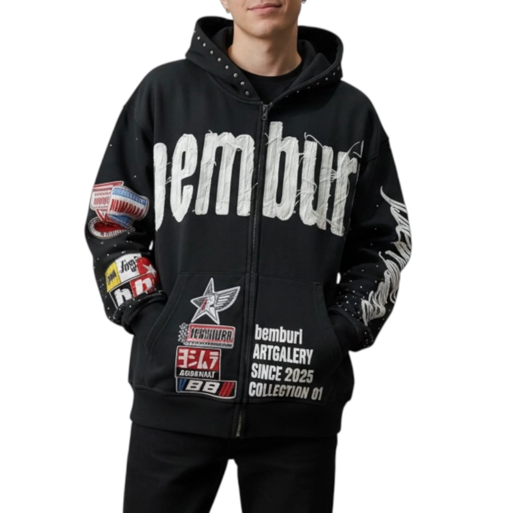 Bemburi Racing Zip Up Hoodie (Black) - Image 3