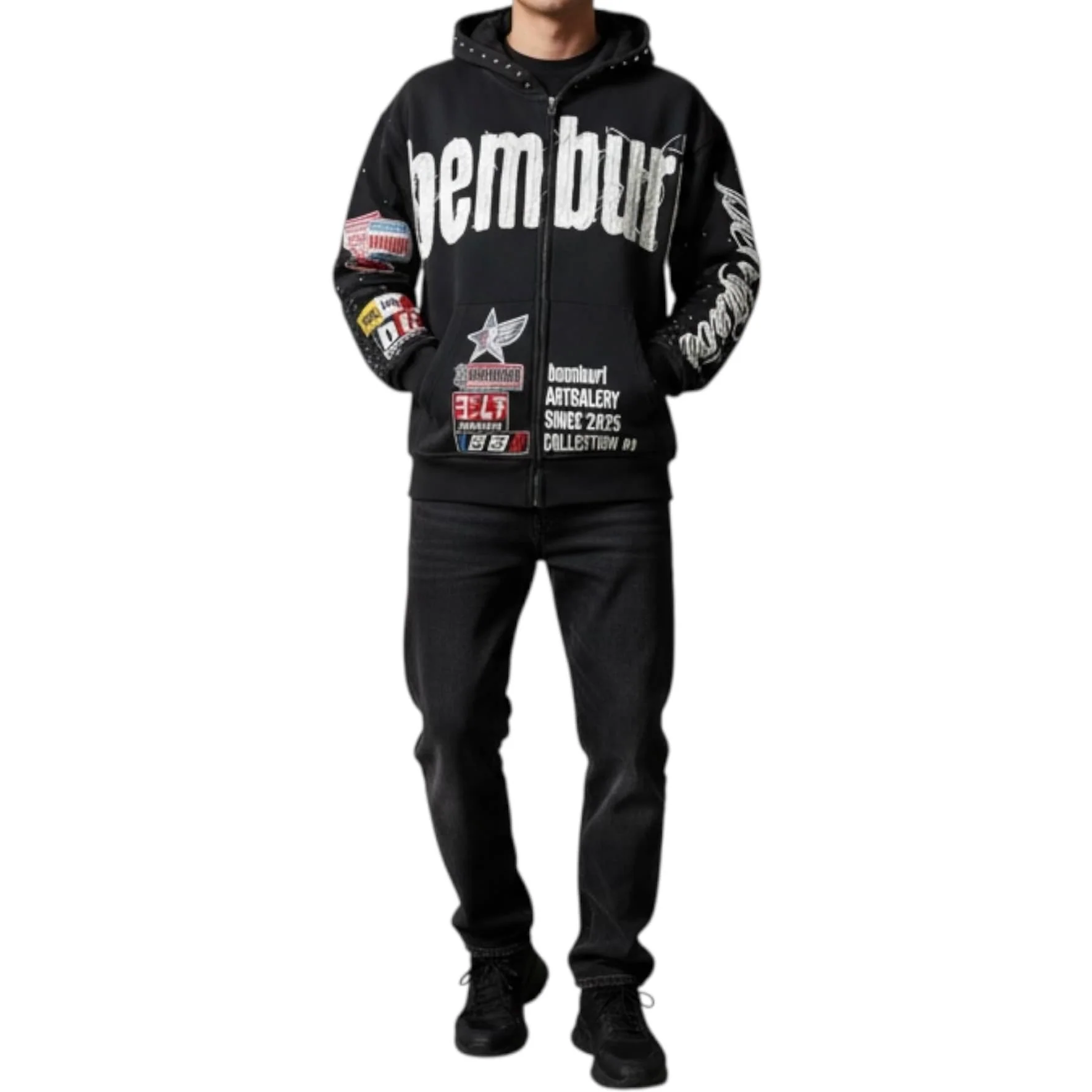 Bemburi Racing Zip Up Hoodie (Black) - Image 4