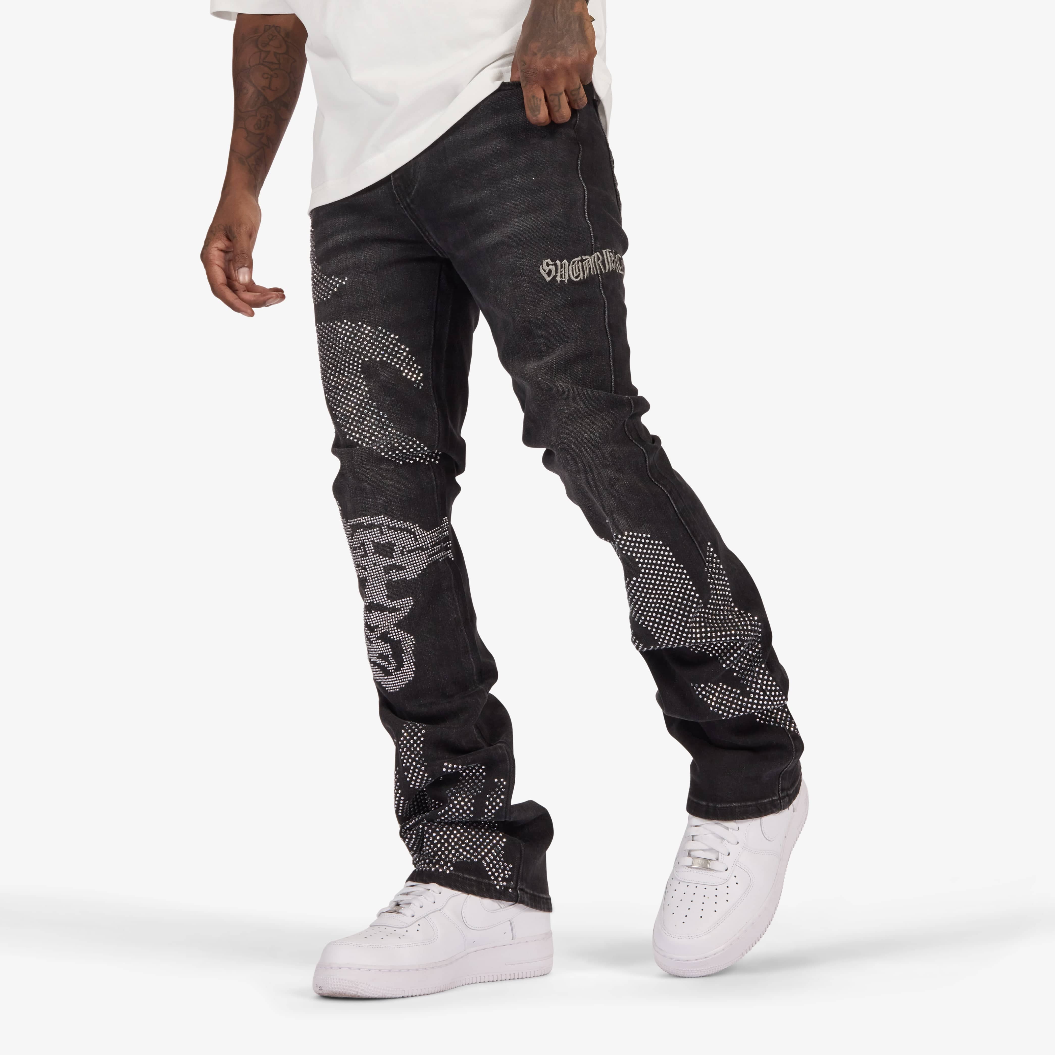 "Burn Pit" Rhinestone Stacked Jeans (black) - Image 2