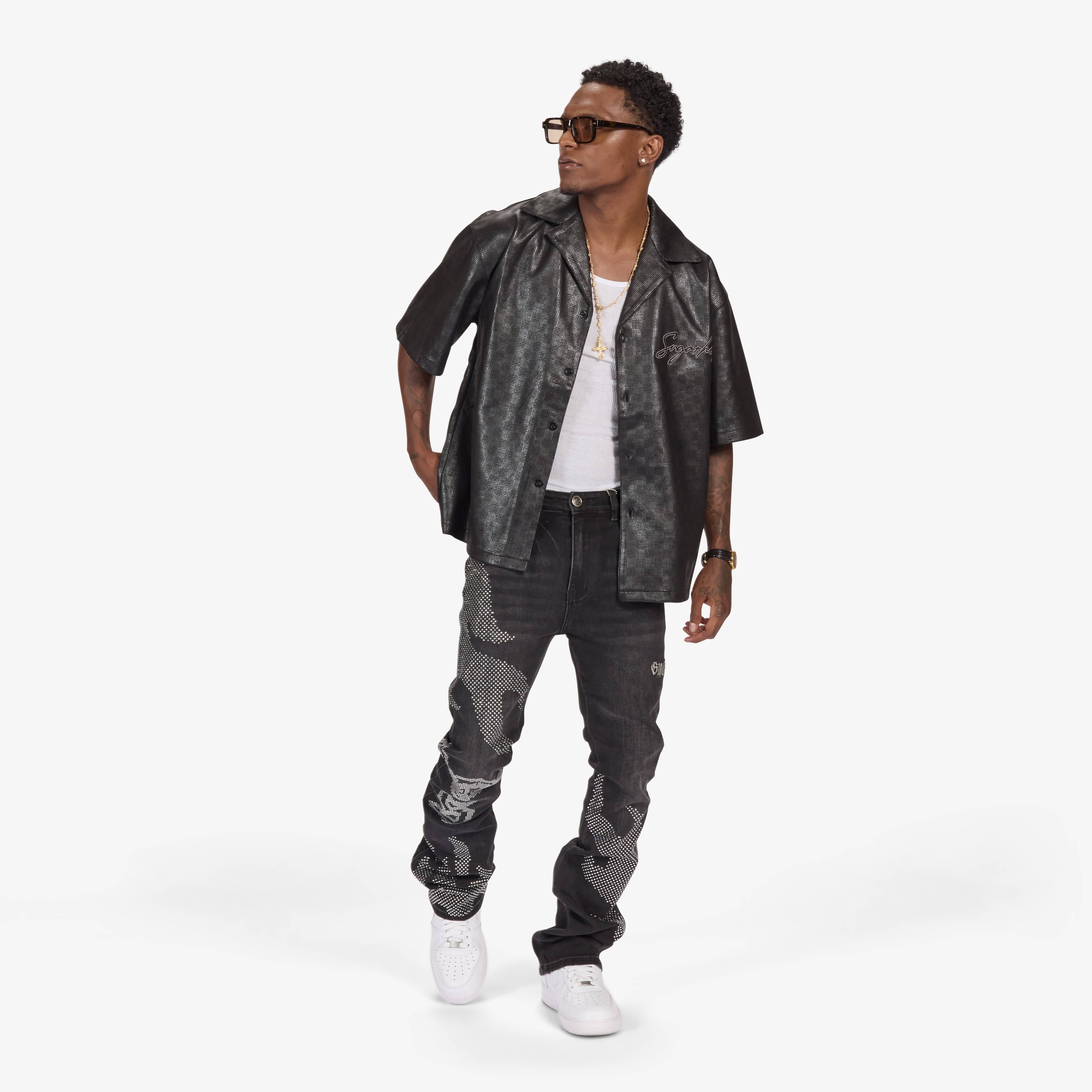 "Burn Pit" Rhinestone Stacked Jeans (black) - Image 4