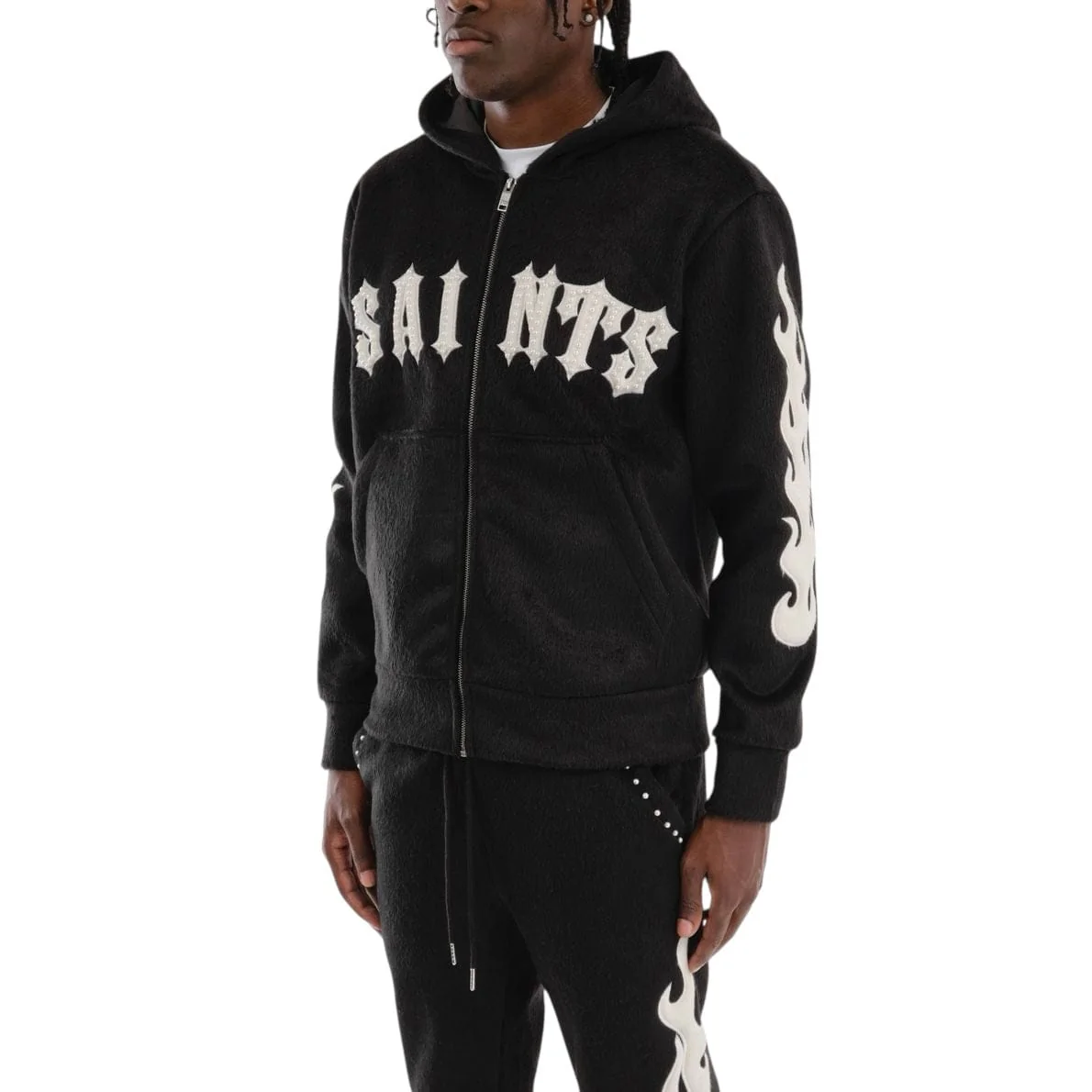 Copper Rivet Pearled Mohair Full Zip Hoodie & Pants Set (Black) - Image 2