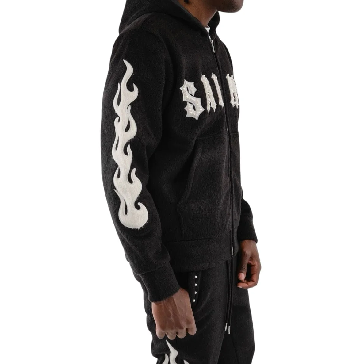 Copper Rivet Pearled Mohair Full Zip Hoodie & Pants Set (Black) - Image 3