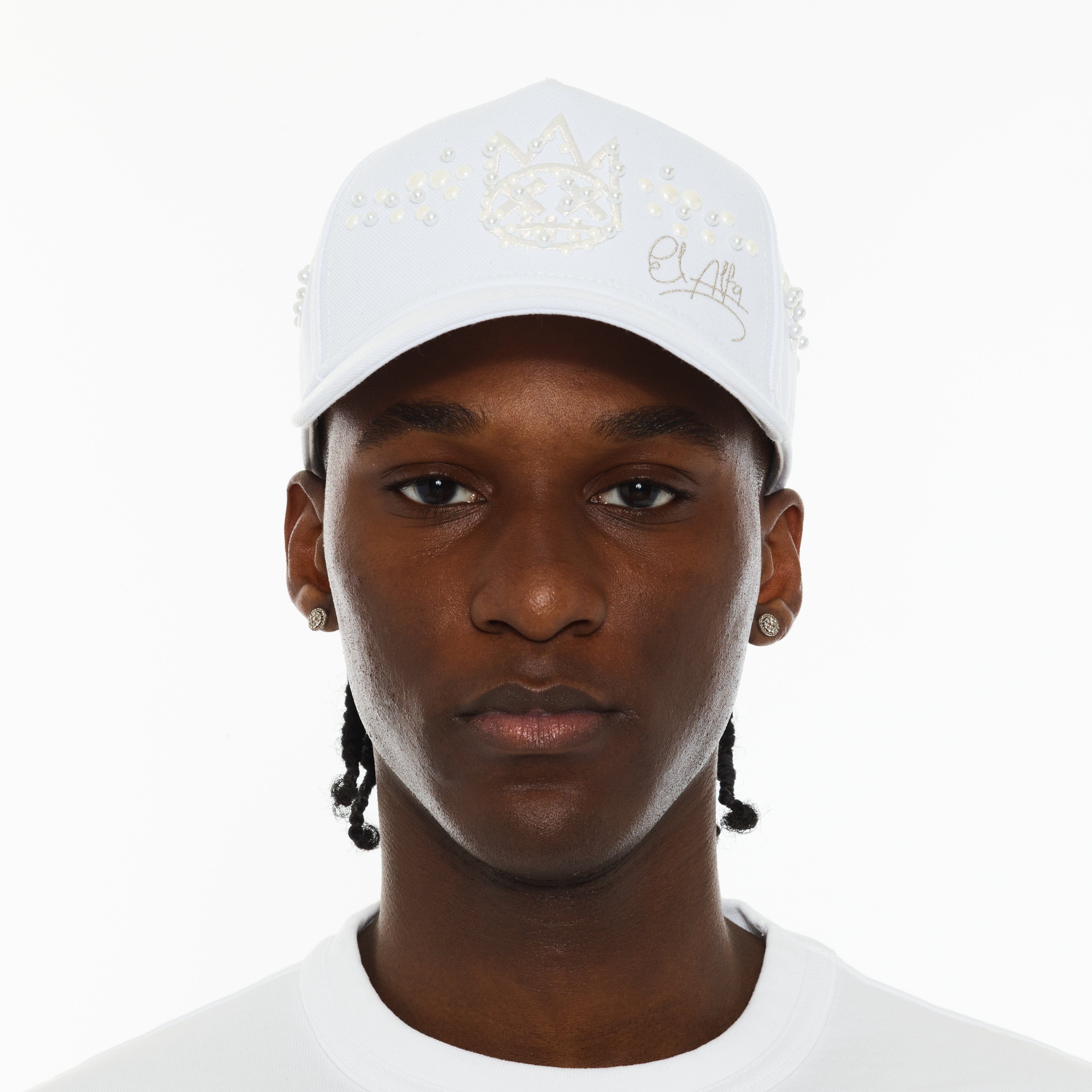 Cult x El Alfa Premium 5 Panel A Frame Trucker Hat with Pearls in White