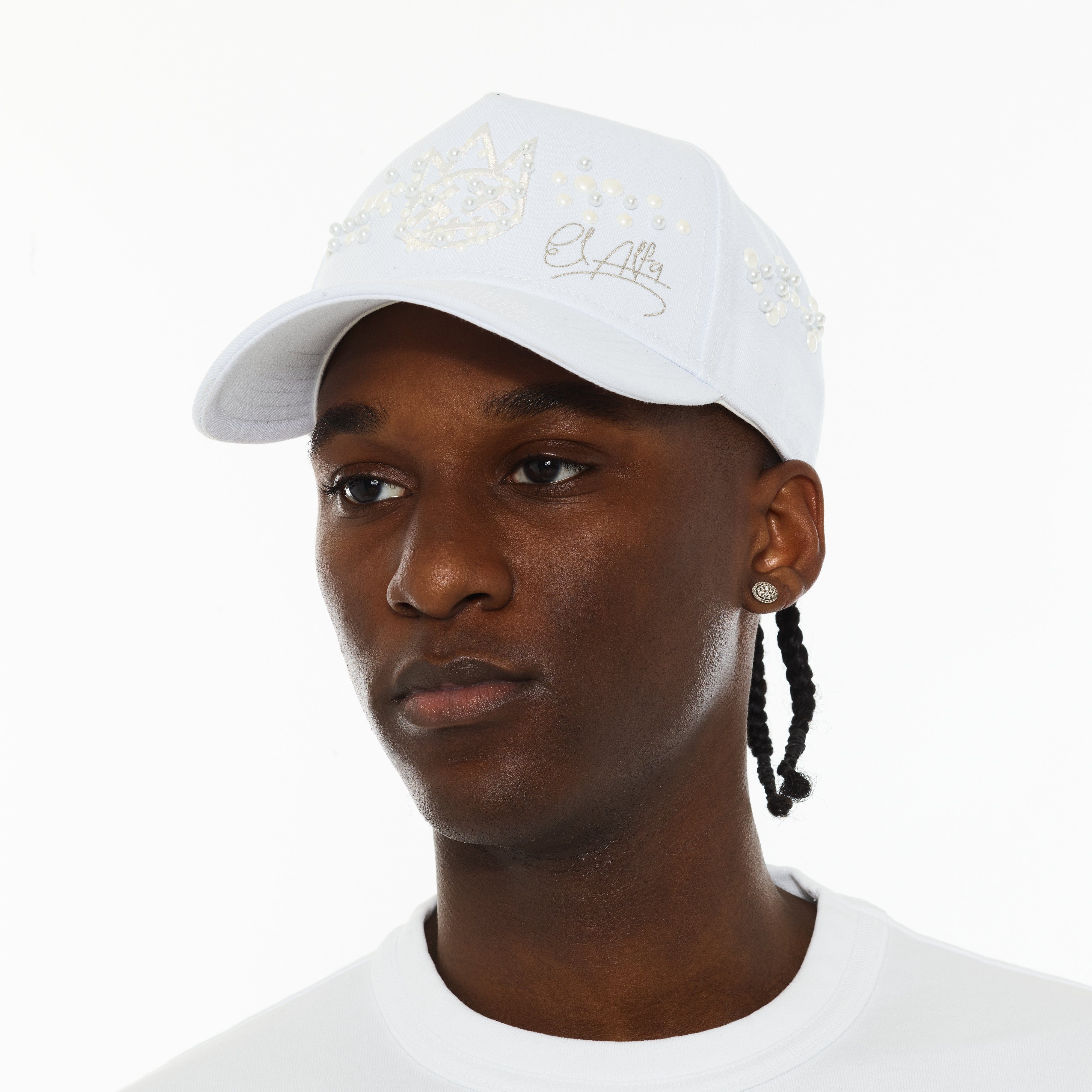 Cult x El Alfa Premium 5 Panel A Frame Trucker Hat with Pearls in White - Image 2