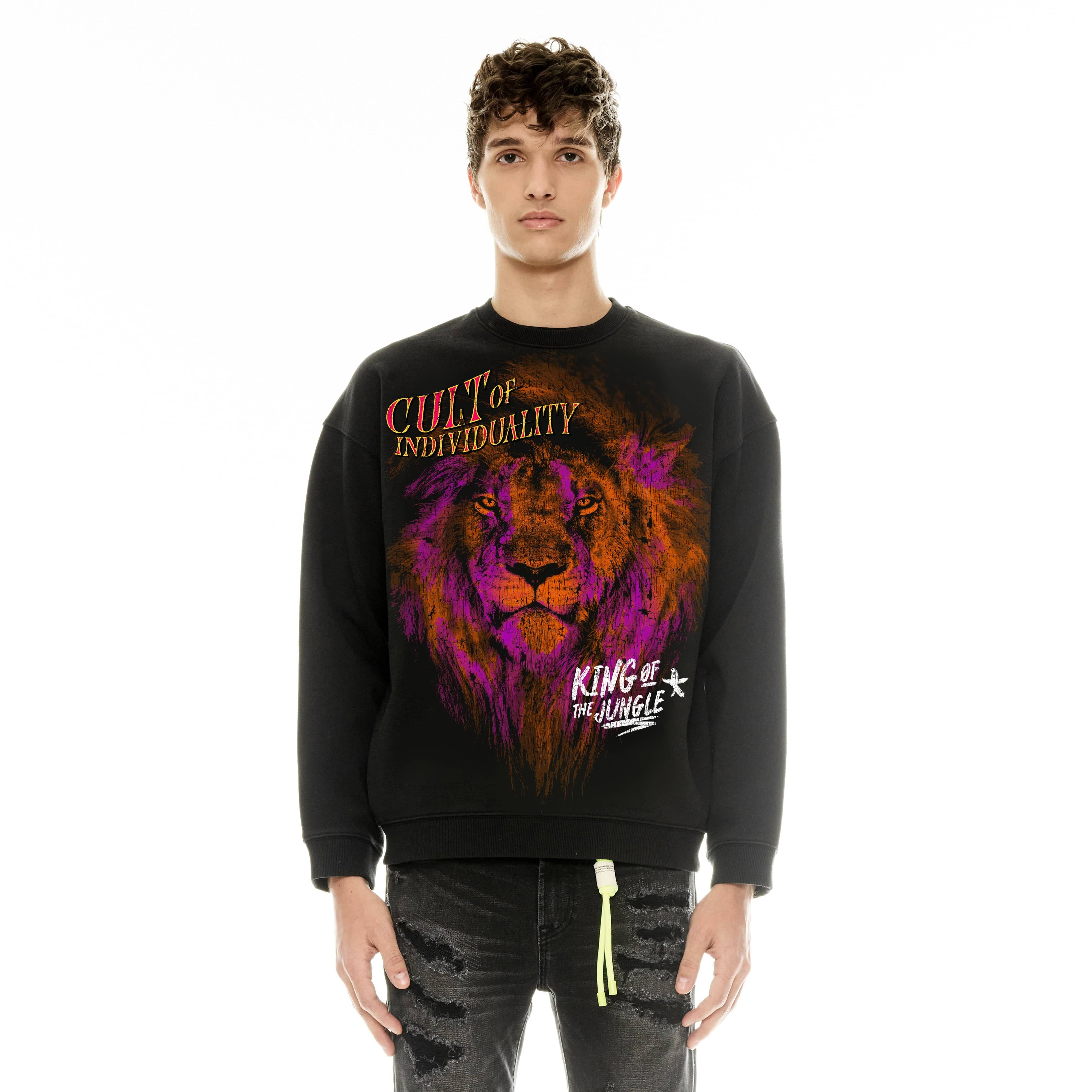 Cult's Crew Neck Fleece Sweater "King Of The Jungle" in Pirate Black - Image 2