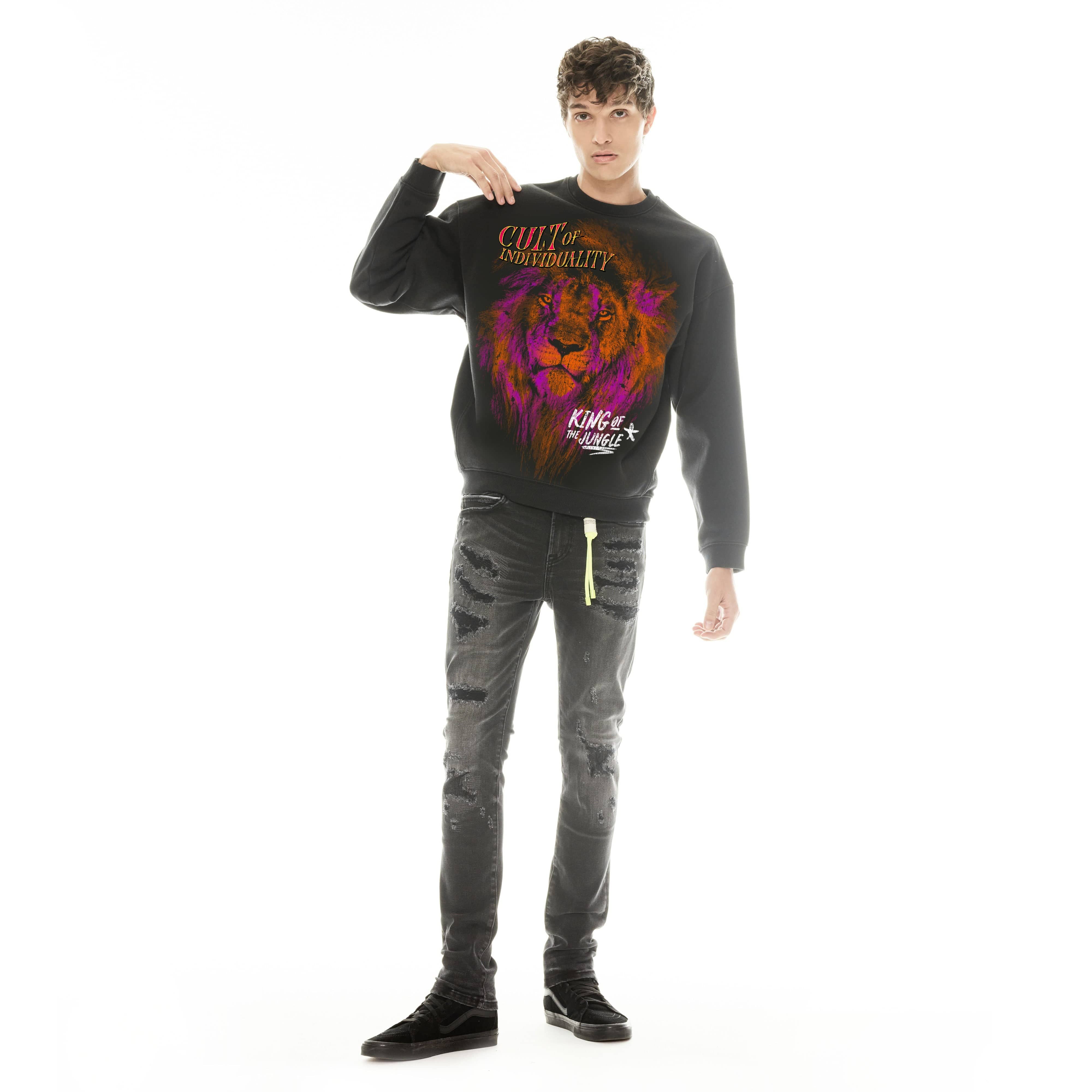 Cult's Crew Neck Fleece Sweater "King Of The Jungle" in Pirate Black - Image 3