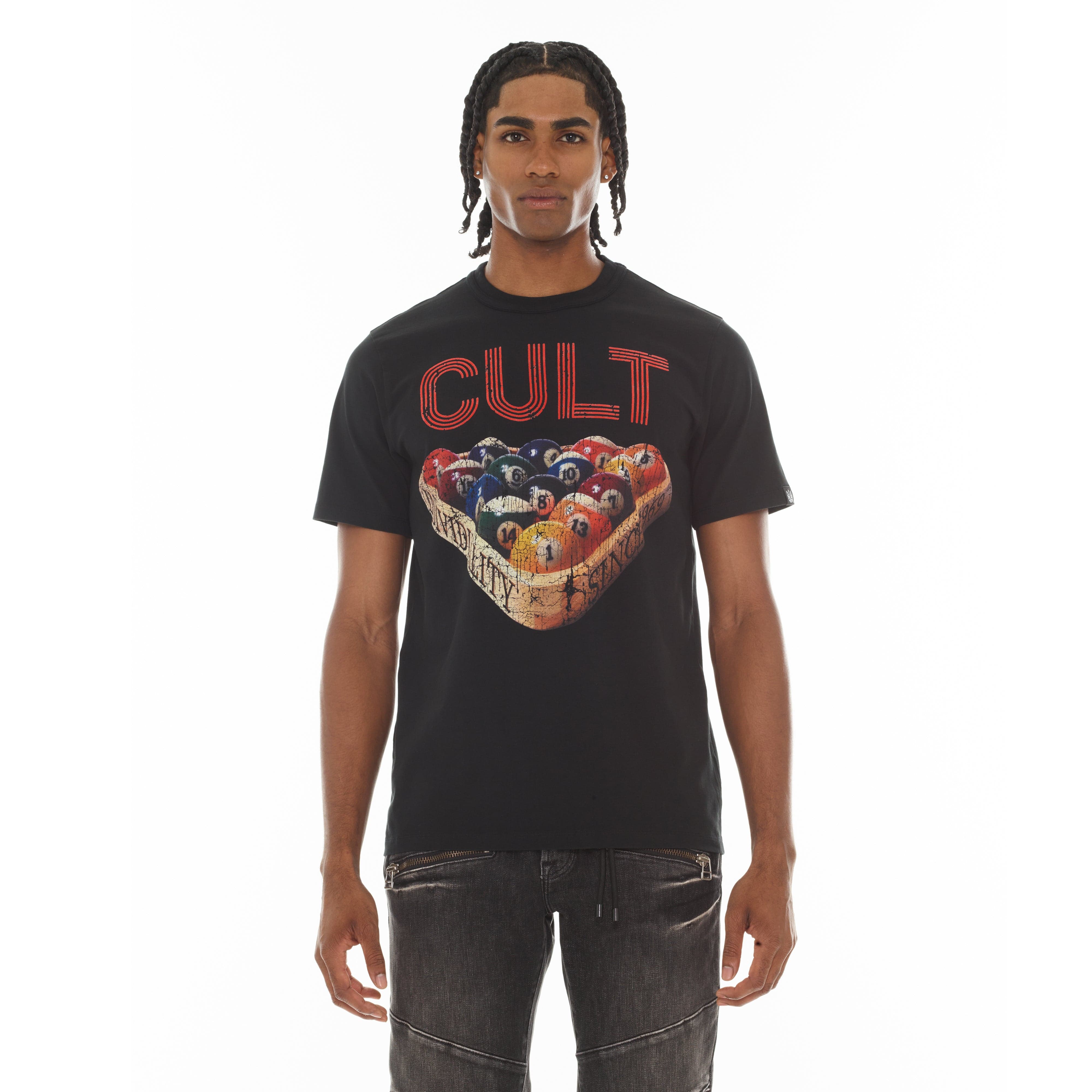 Cult's Heavyweight Short Sleeve Crew Neck Tee "Billiards" in Black - Image 2