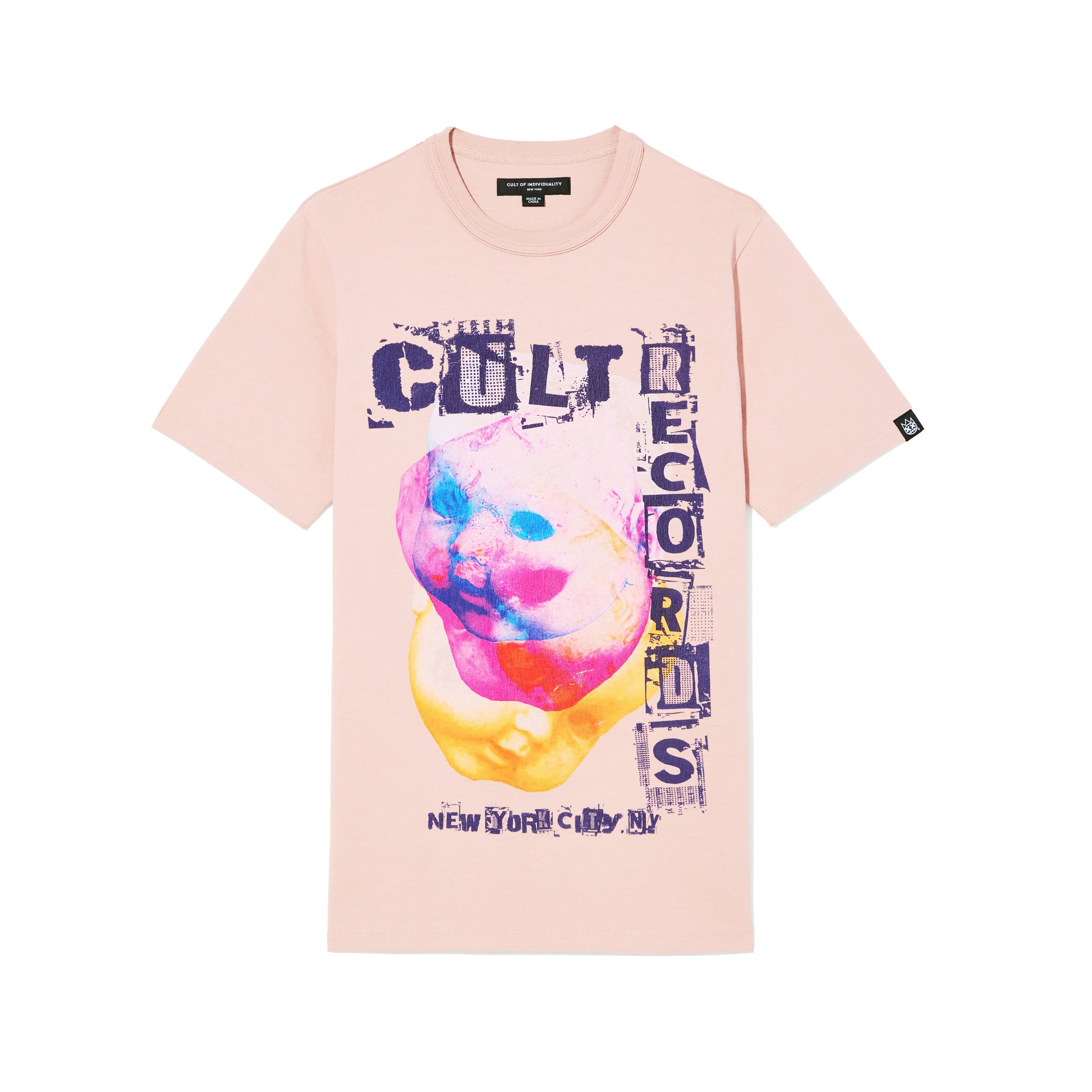 Cult's Heavyweight Short Sleeve Crew Neck Tee "Cult Records" in Silver Pink