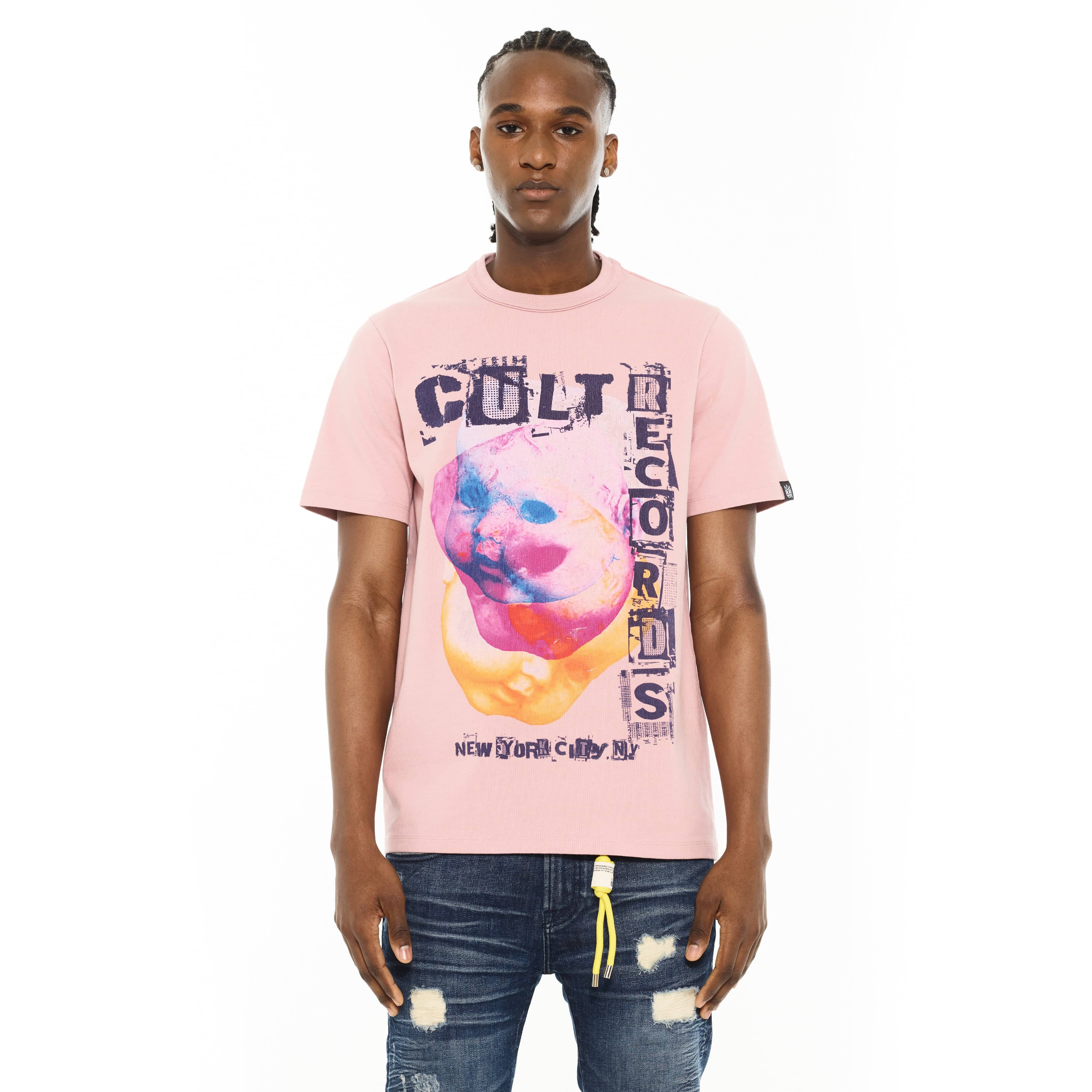 Cult's Heavyweight Short Sleeve Crew Neck Tee "Cult Records" in Silver Pink - Image 2