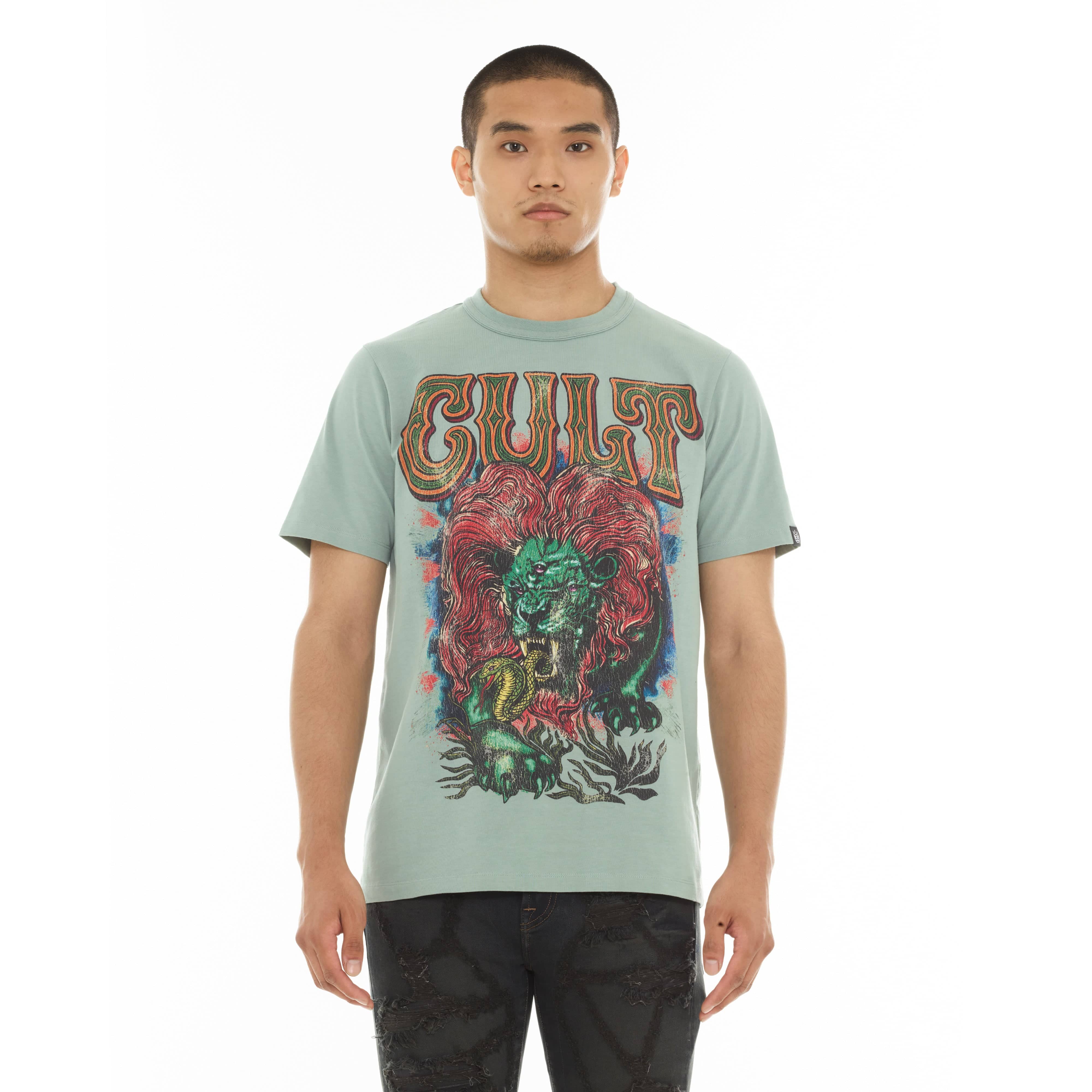 Cult's Heavyweight Short Sleeve Crew Neck Tee "Lion" in Granite Green - Image 2