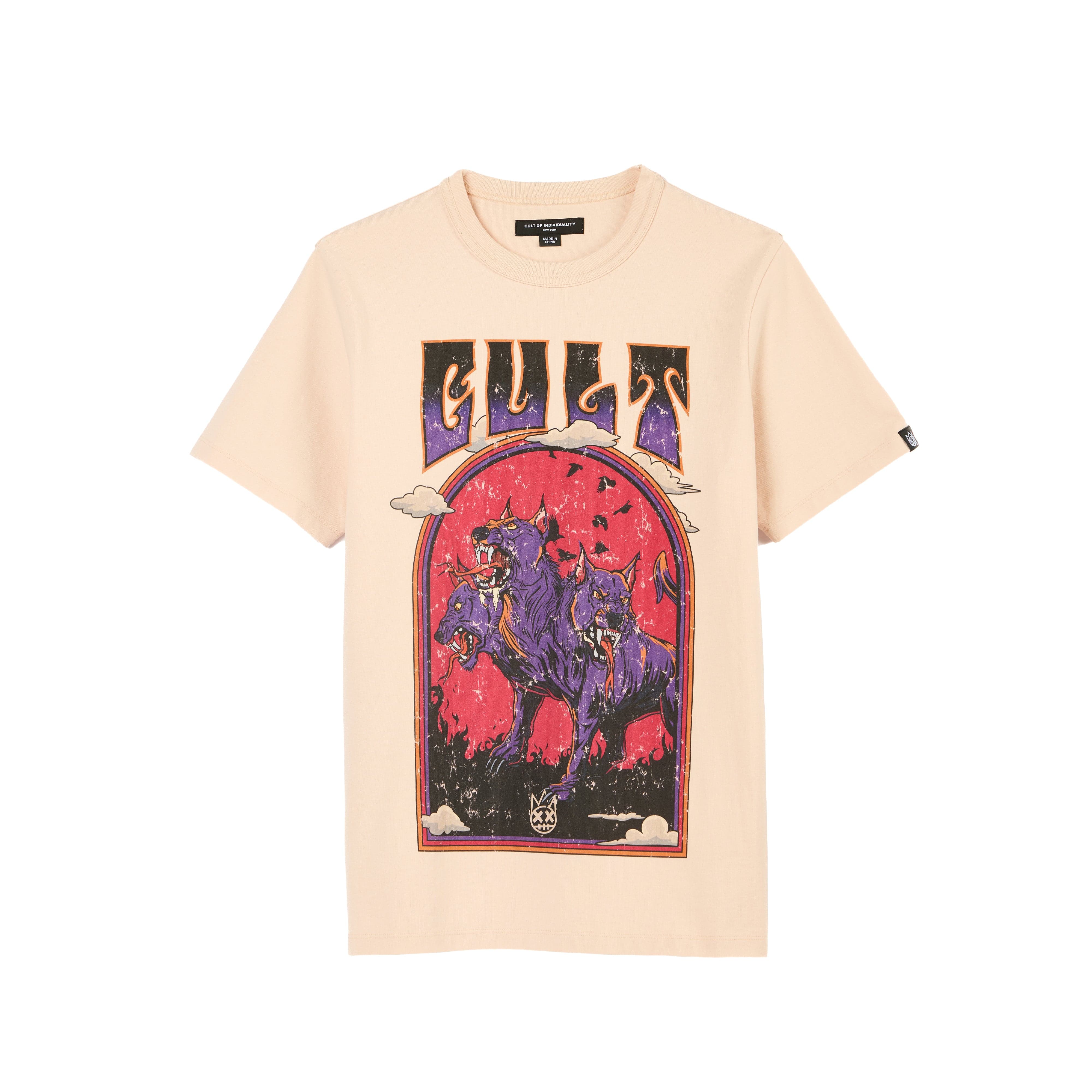 Cult's Heavyweight Short Sleeve Crew Neck Tee "Orthrus" in Powder Pink