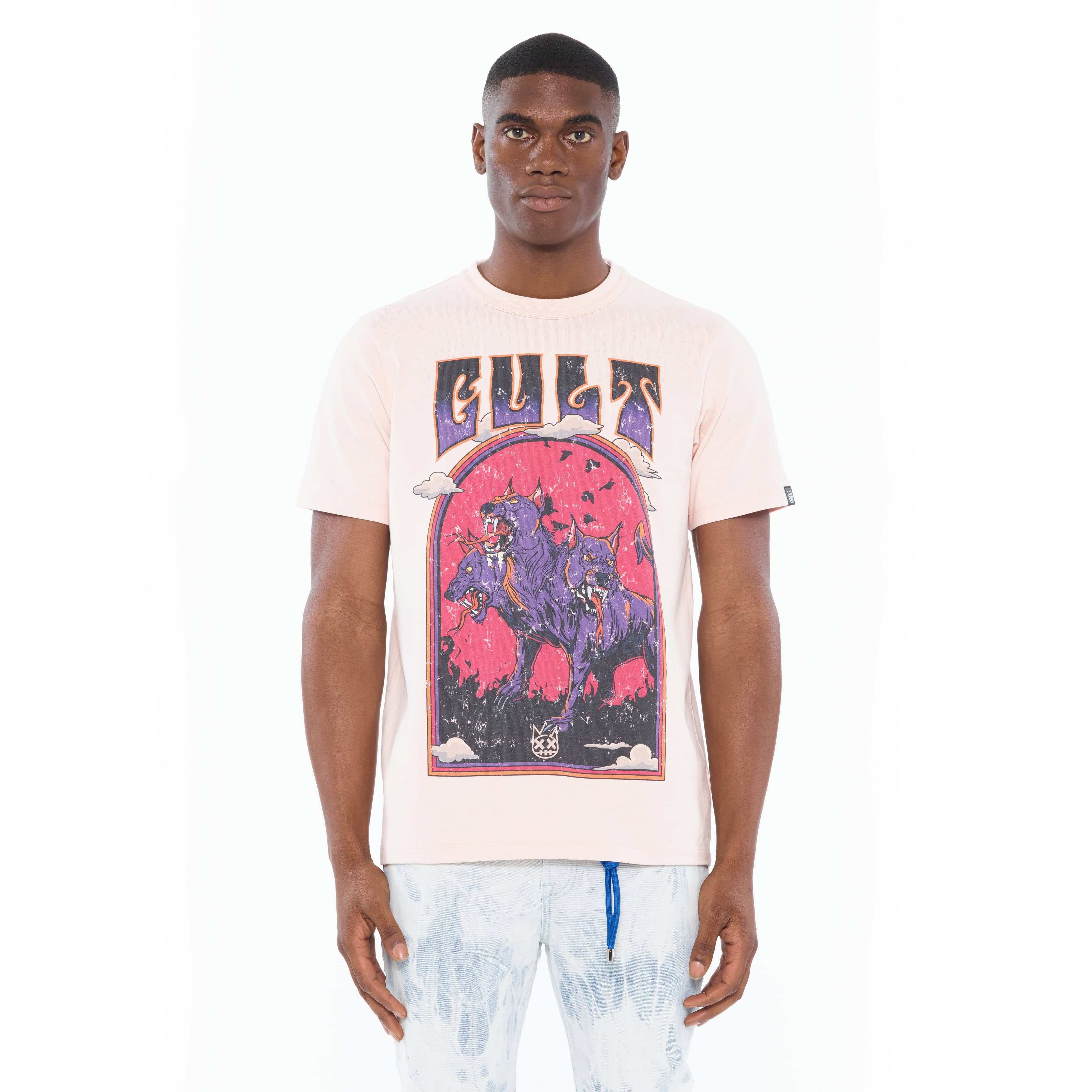 Cult's Heavyweight Short Sleeve Crew Neck Tee "Orthrus" in Powder Pink - Image 2