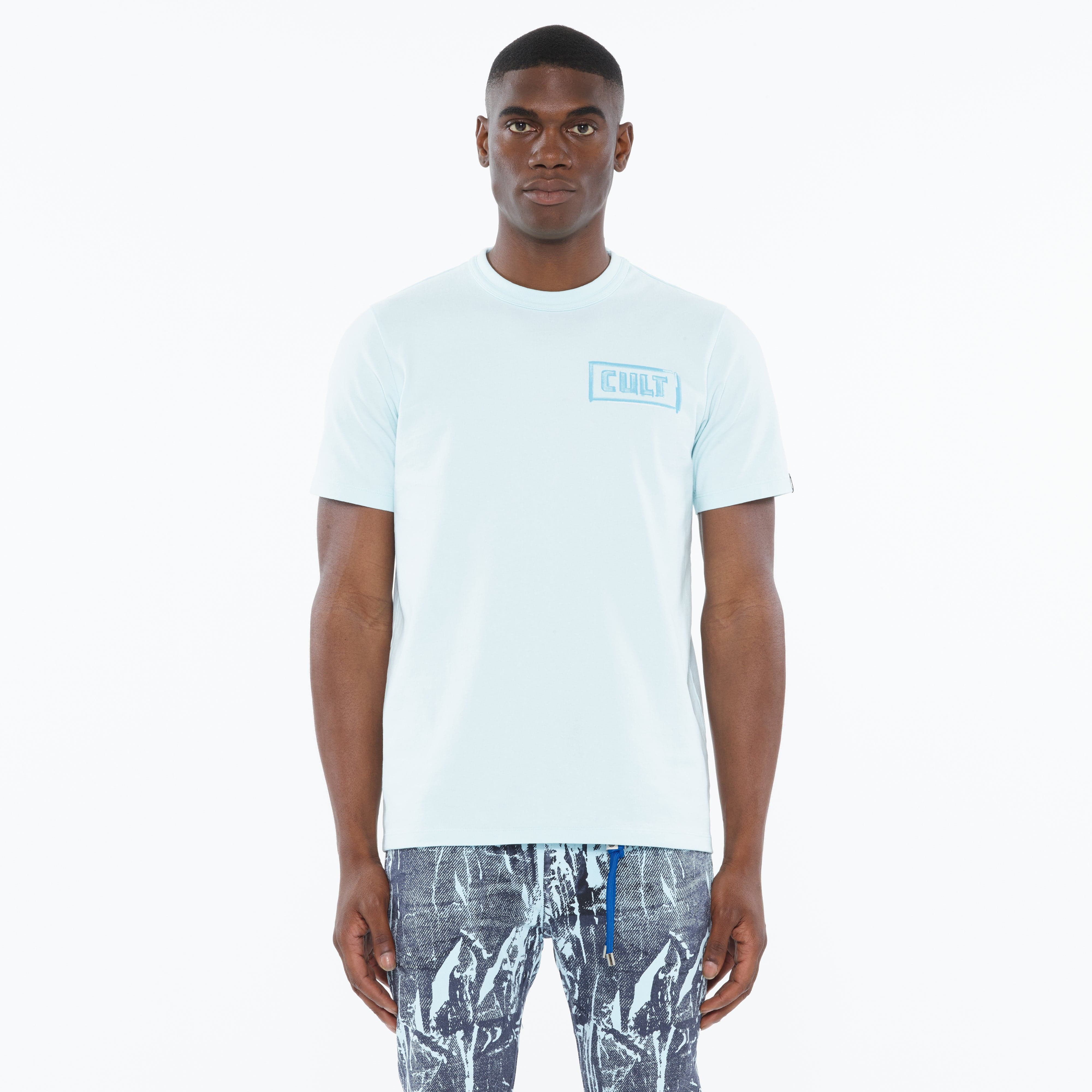 Cult's Heavyweight Short Sleeve Crew Neck Tee "Stroke" in Powder Blue - Image 2