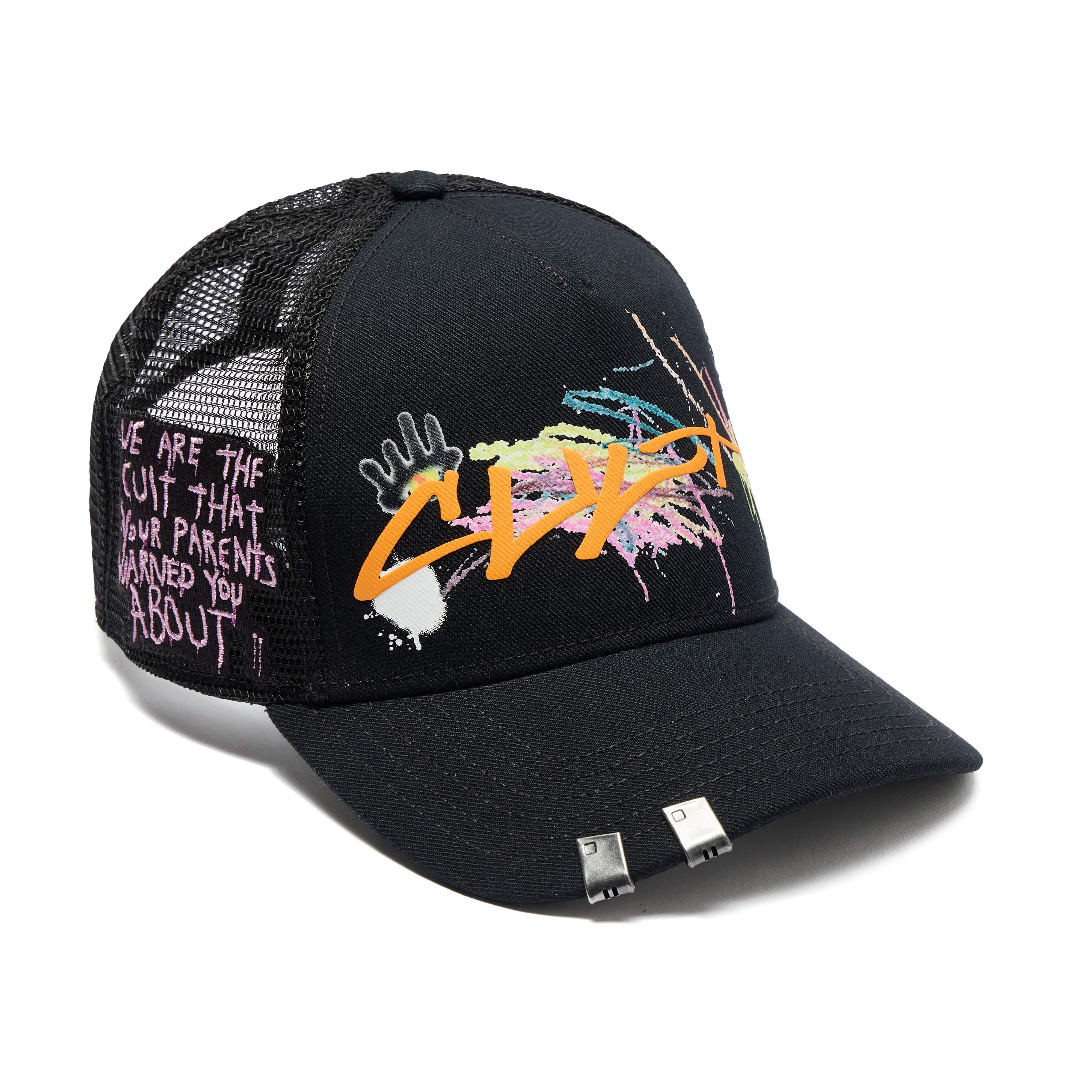 Cult's Logo Mesh Back Trucker Hat "Cult Graffiti" in Black - Image 2
