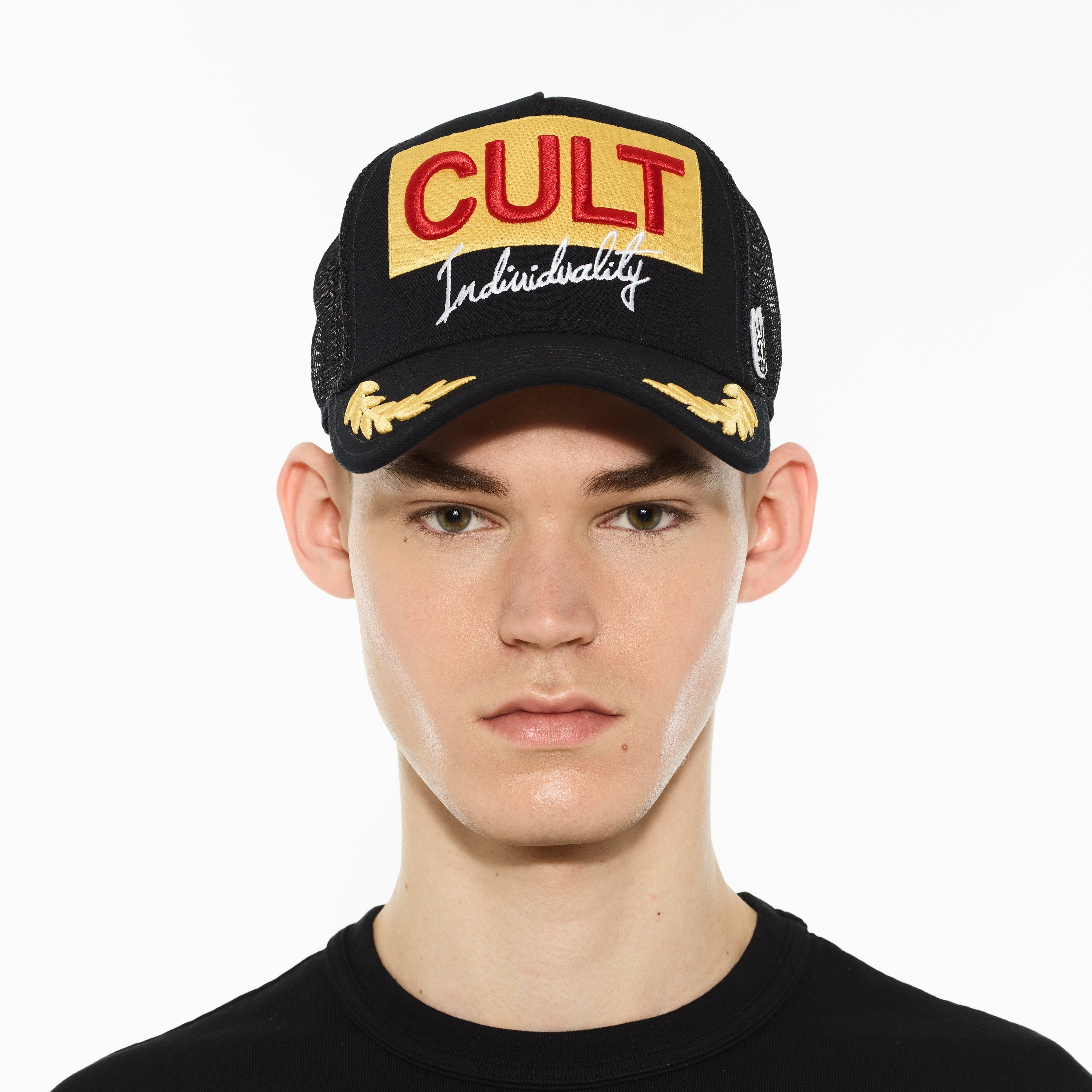 Cult's Logo Mesh Back Trucker Hat "Cult Racing" in Black - Image 3
