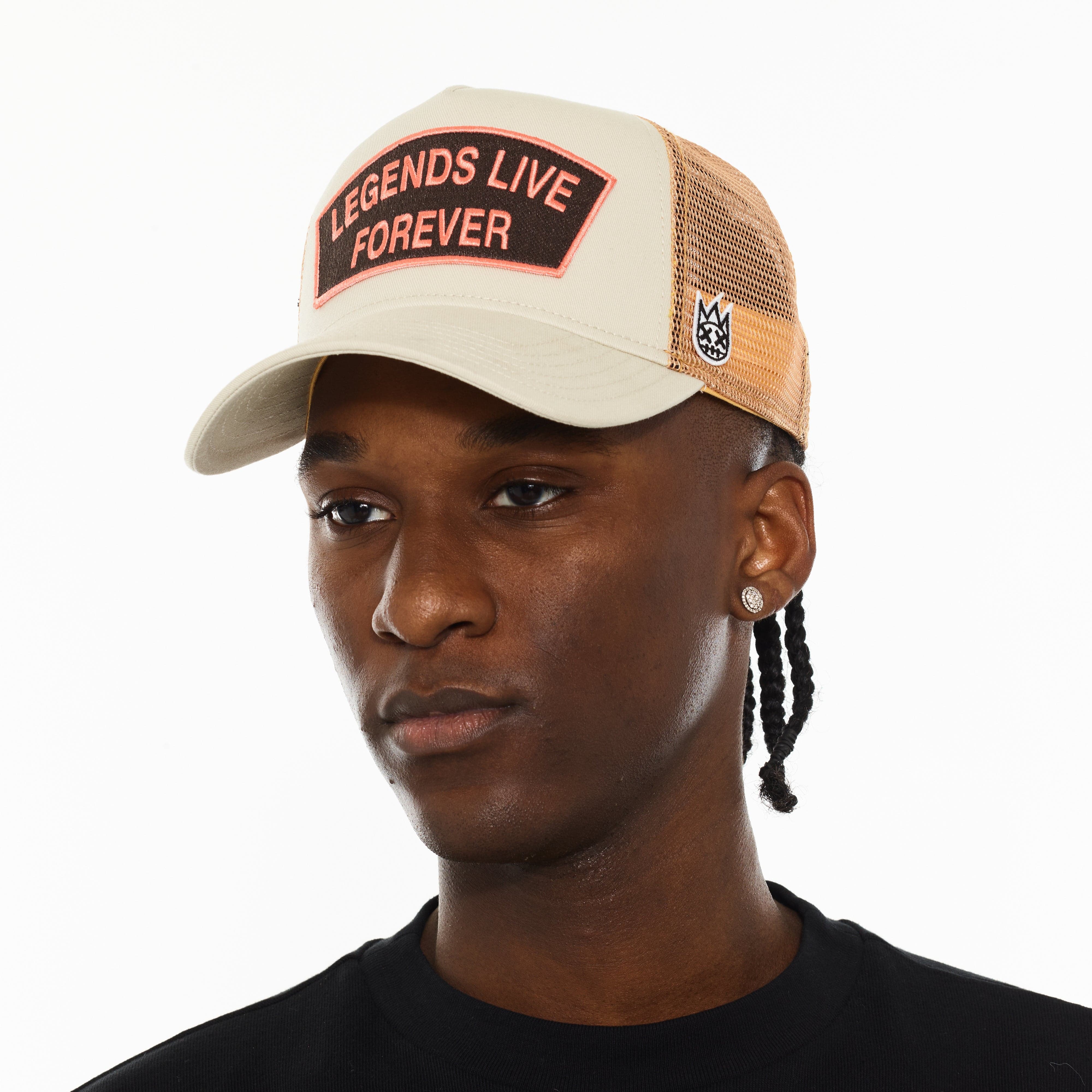 Cult's Logo Mesh Back Trucker Hat "Legends Live Forever" in White Swan - Image 4