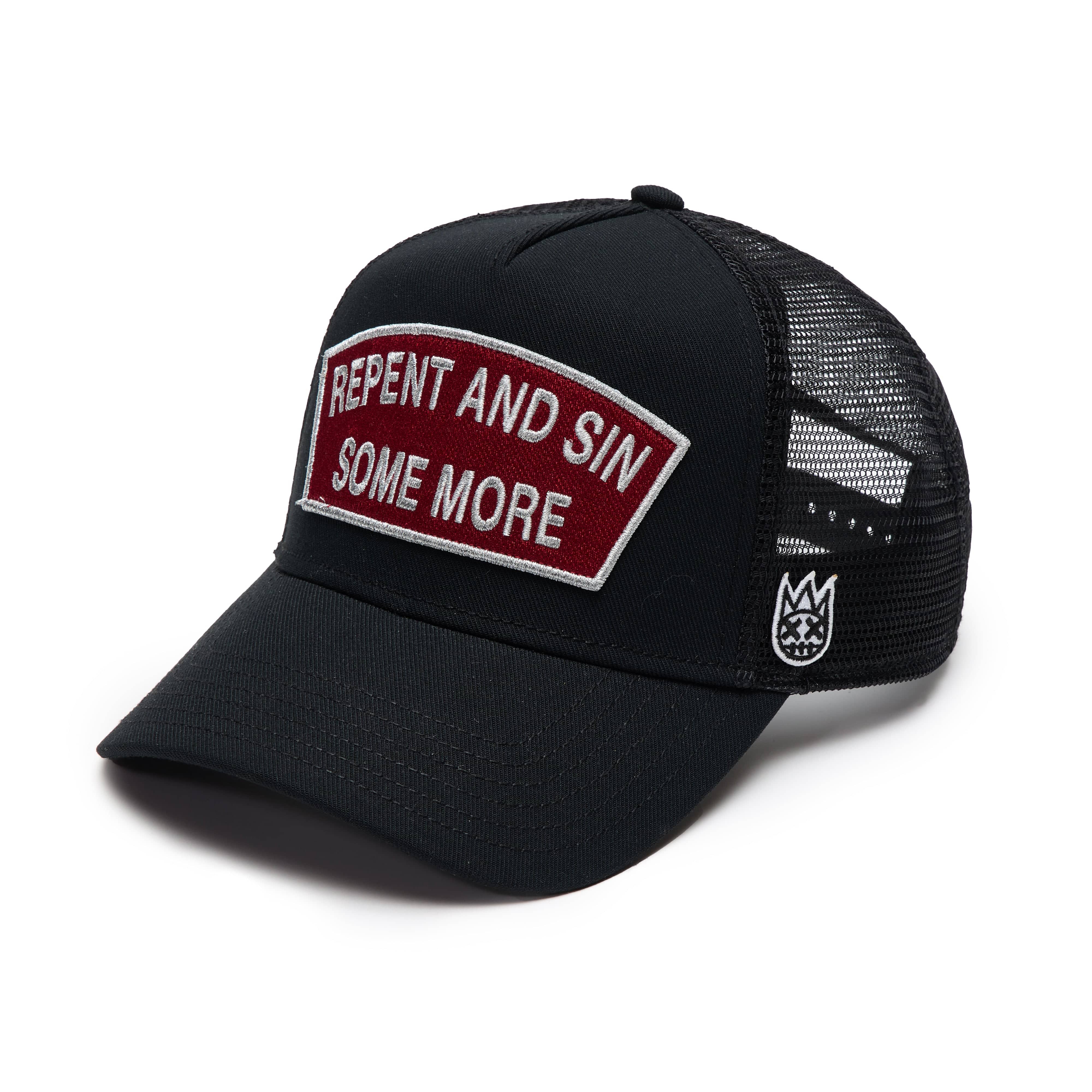 Cult's Logo Mesh Back Trucker Hat "Repent And Sin Some More" in Black - Image 2