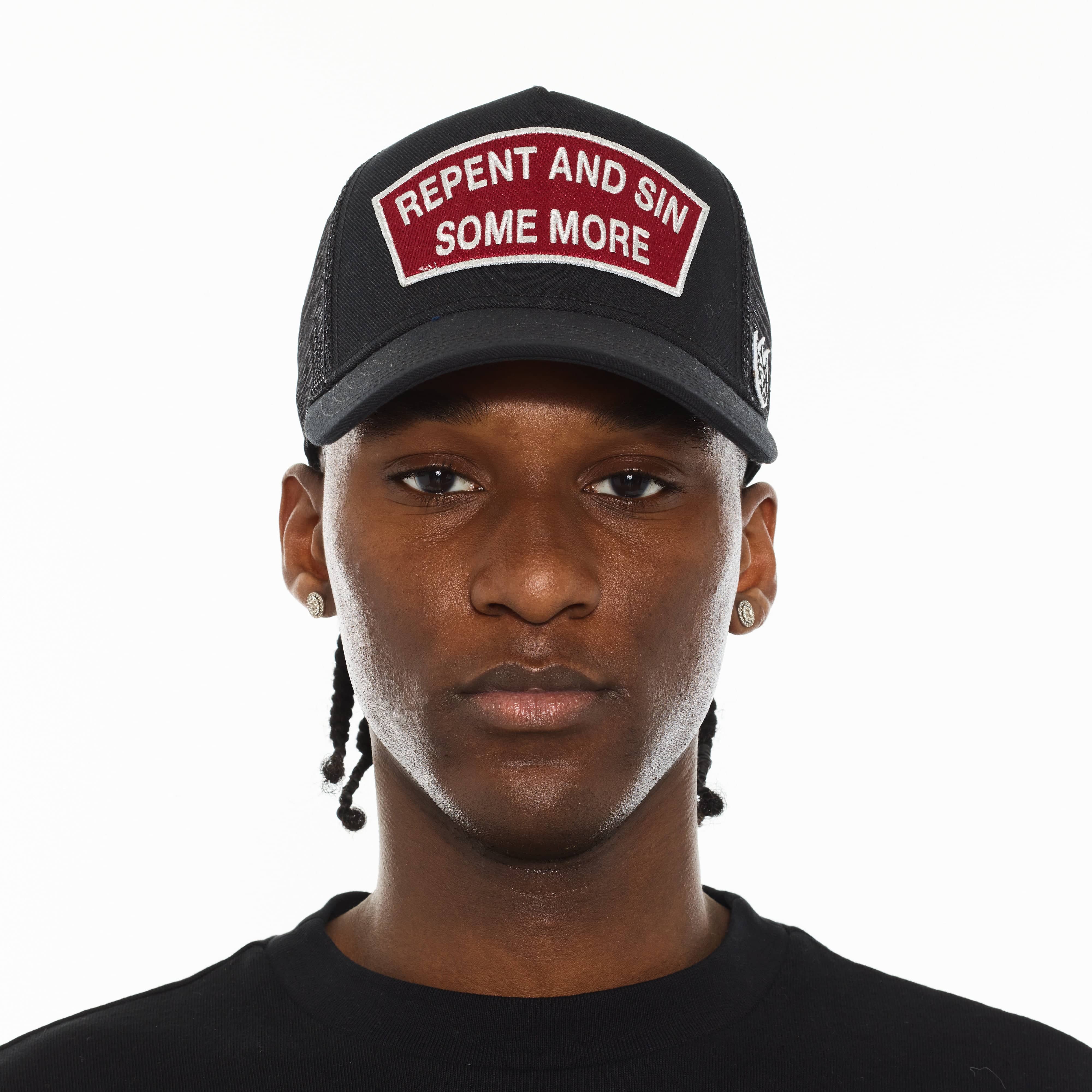 Cult's Logo Mesh Back Trucker Hat "Repent And Sin Some More" in Black - Image 3