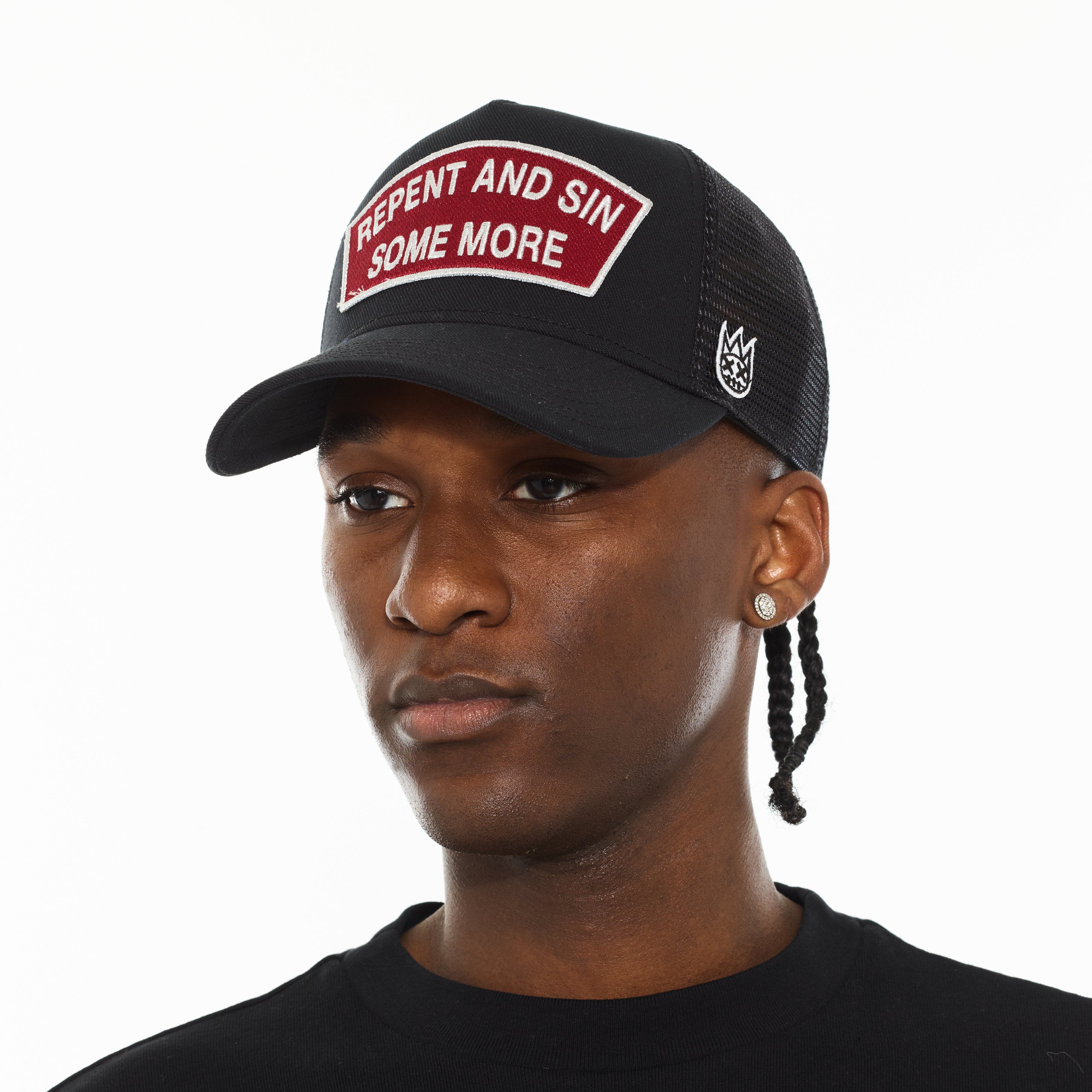 Cult's Logo Mesh Back Trucker Hat "Repent And Sin Some More" in Black - Image 4