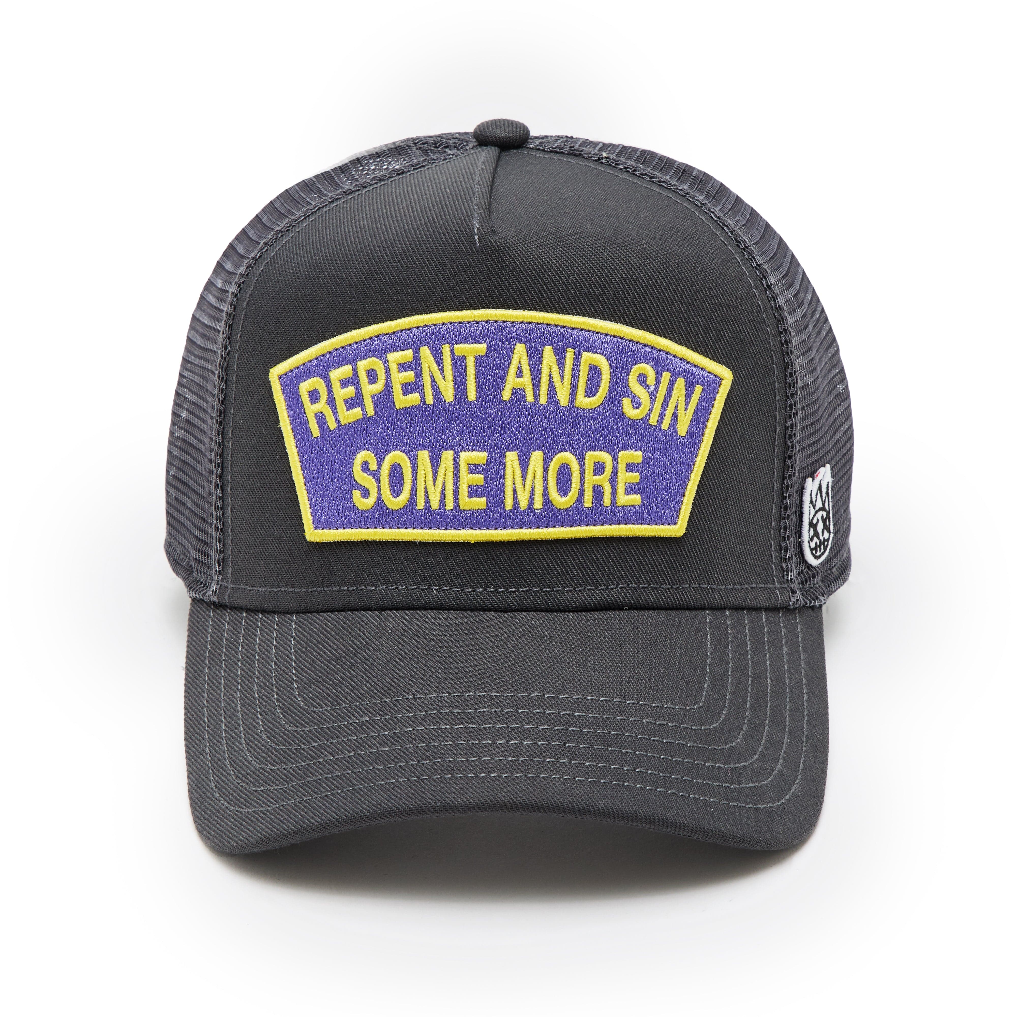 Cult's Logo Mesh Back Trucker Hat "Repent And Sin Some More" in Forged Iron