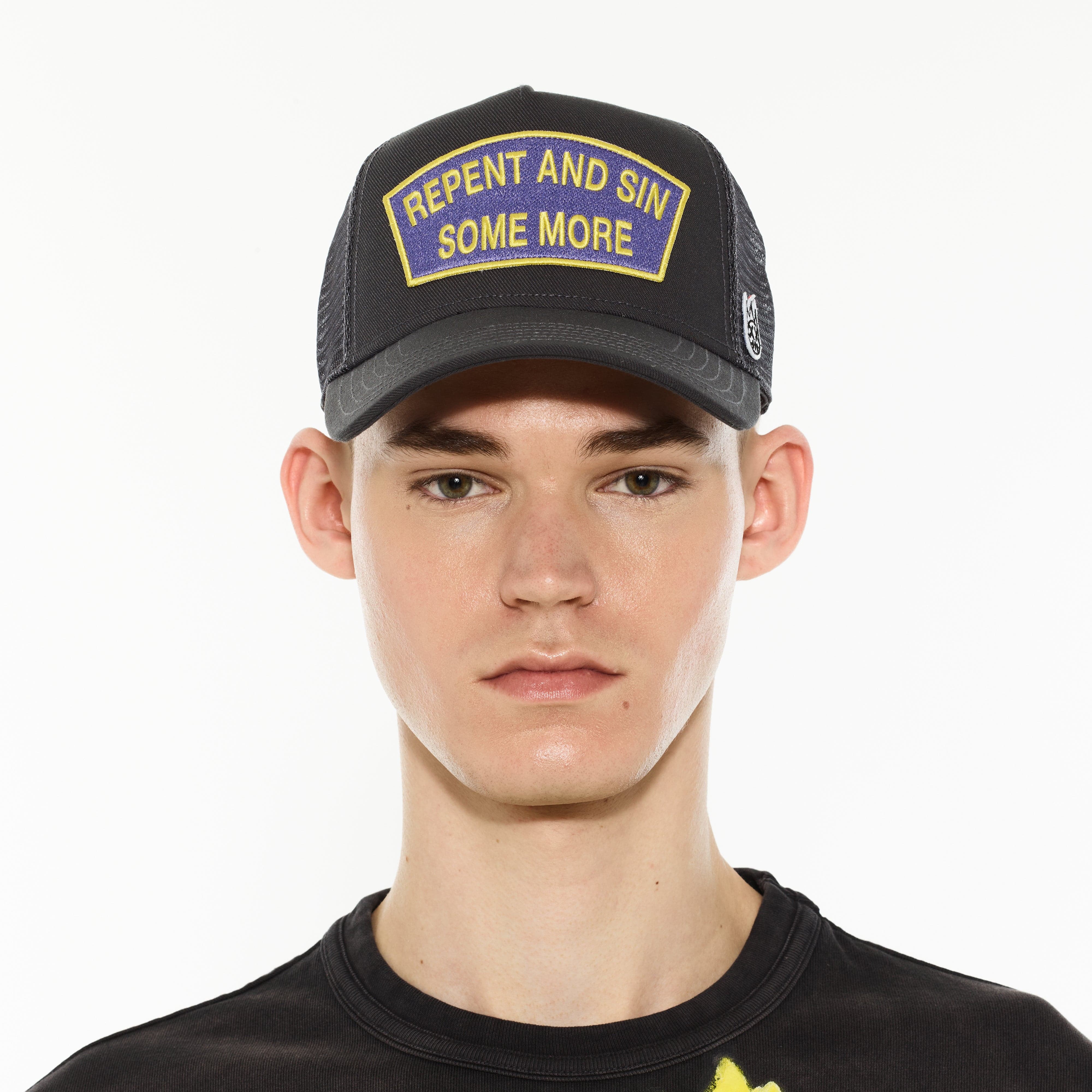 Cult's Logo Mesh Back Trucker Hat "Repent And Sin Some More" in Forged Iron - Image 3