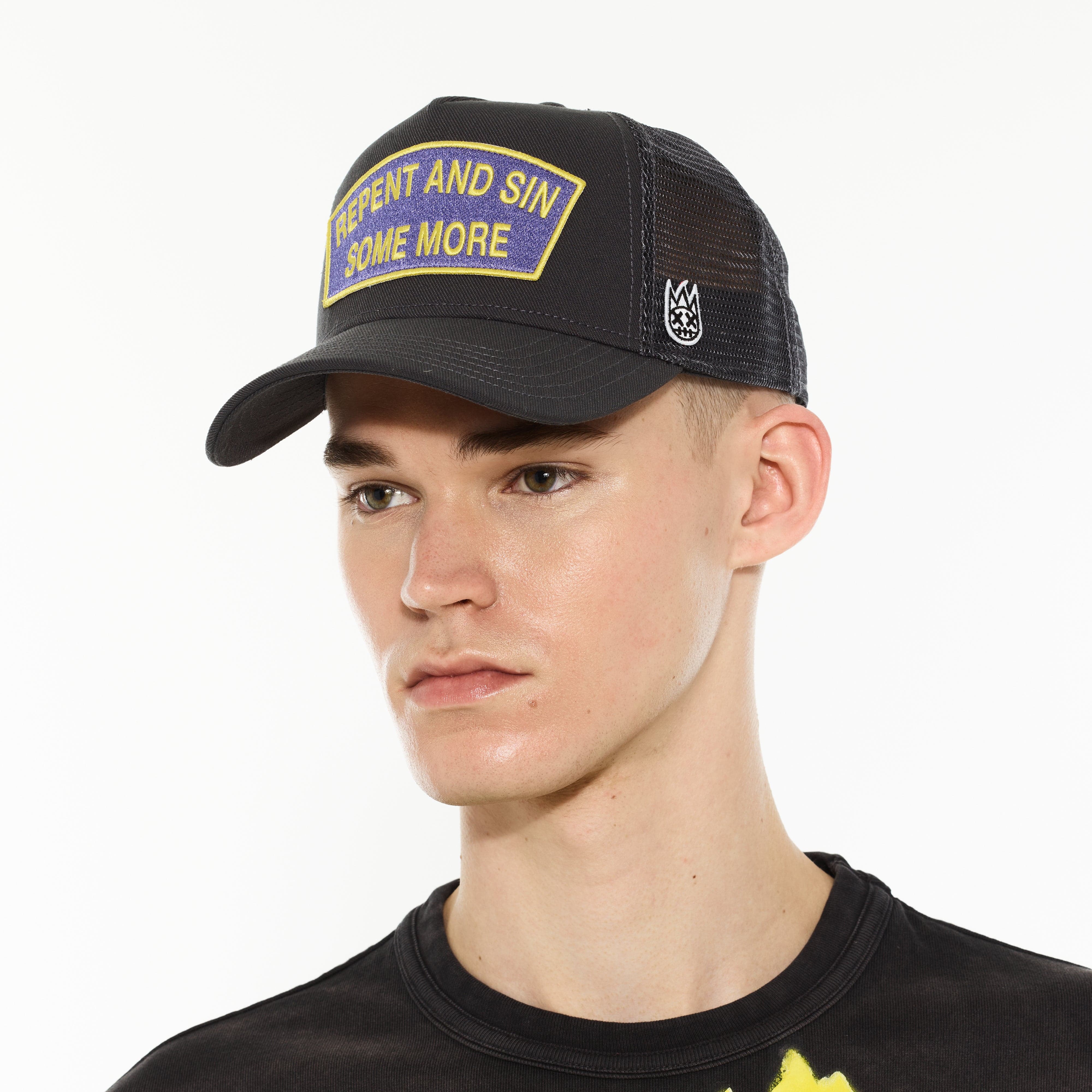 Cult's Logo Mesh Back Trucker Hat "Repent And Sin Some More" in Forged Iron - Image 4