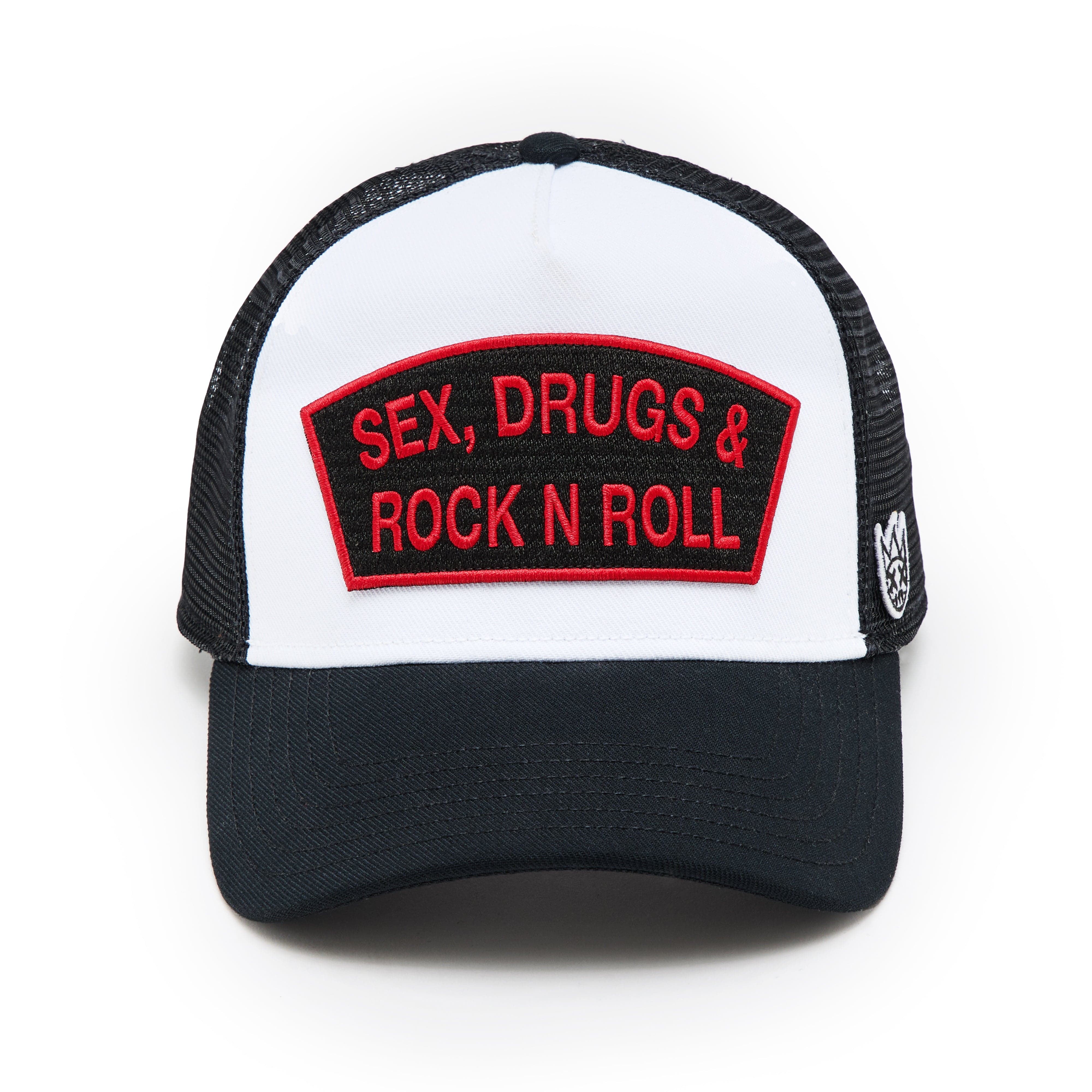 Cult's Logo Mesh Back Trucker Hat "Sex Drugs Rock N Roll" in White