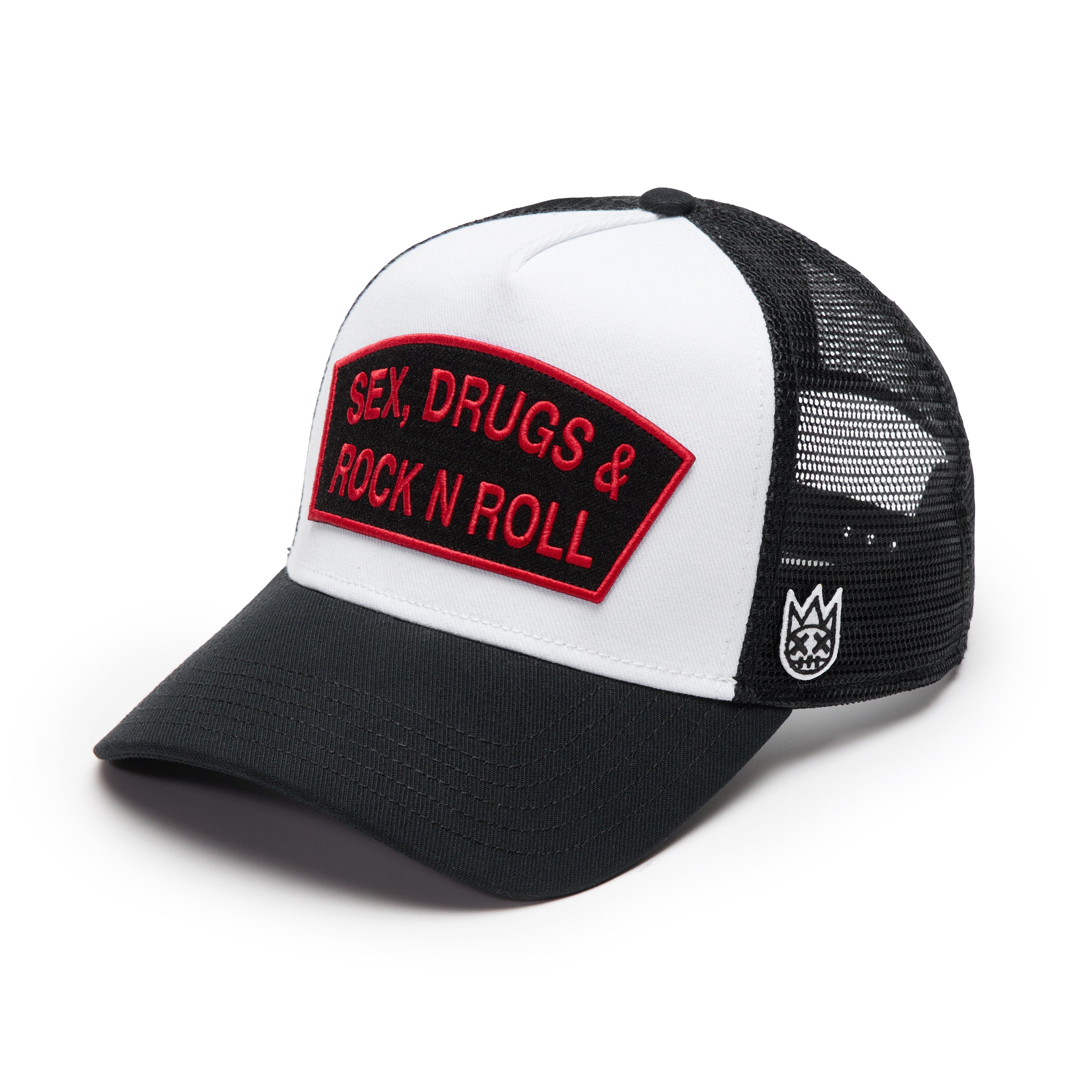 Cult's Logo Mesh Back Trucker Hat "Sex Drugs Rock N Roll" in White - Image 2