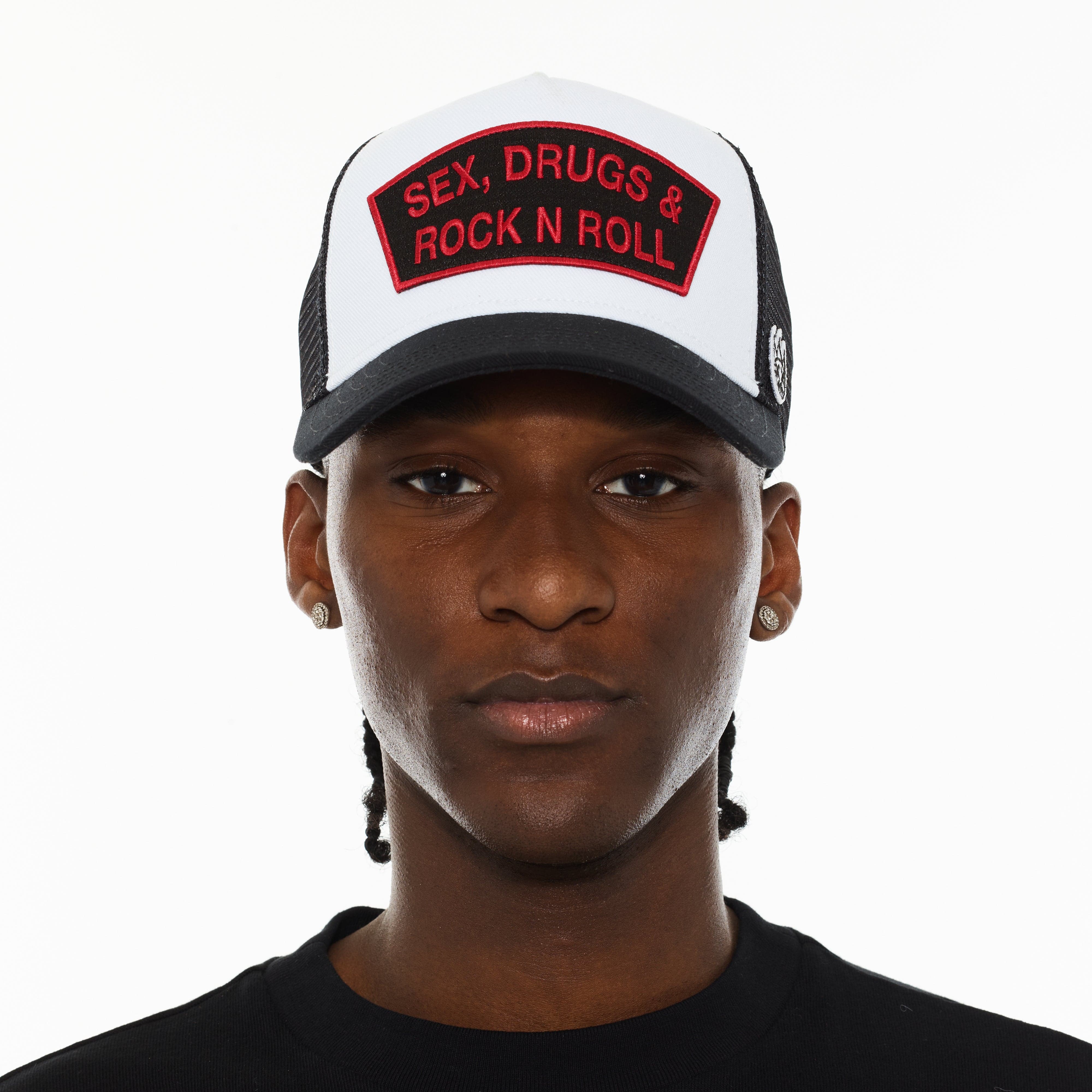 Cult's Logo Mesh Back Trucker Hat "Sex Drugs Rock N Roll" in White - Image 3