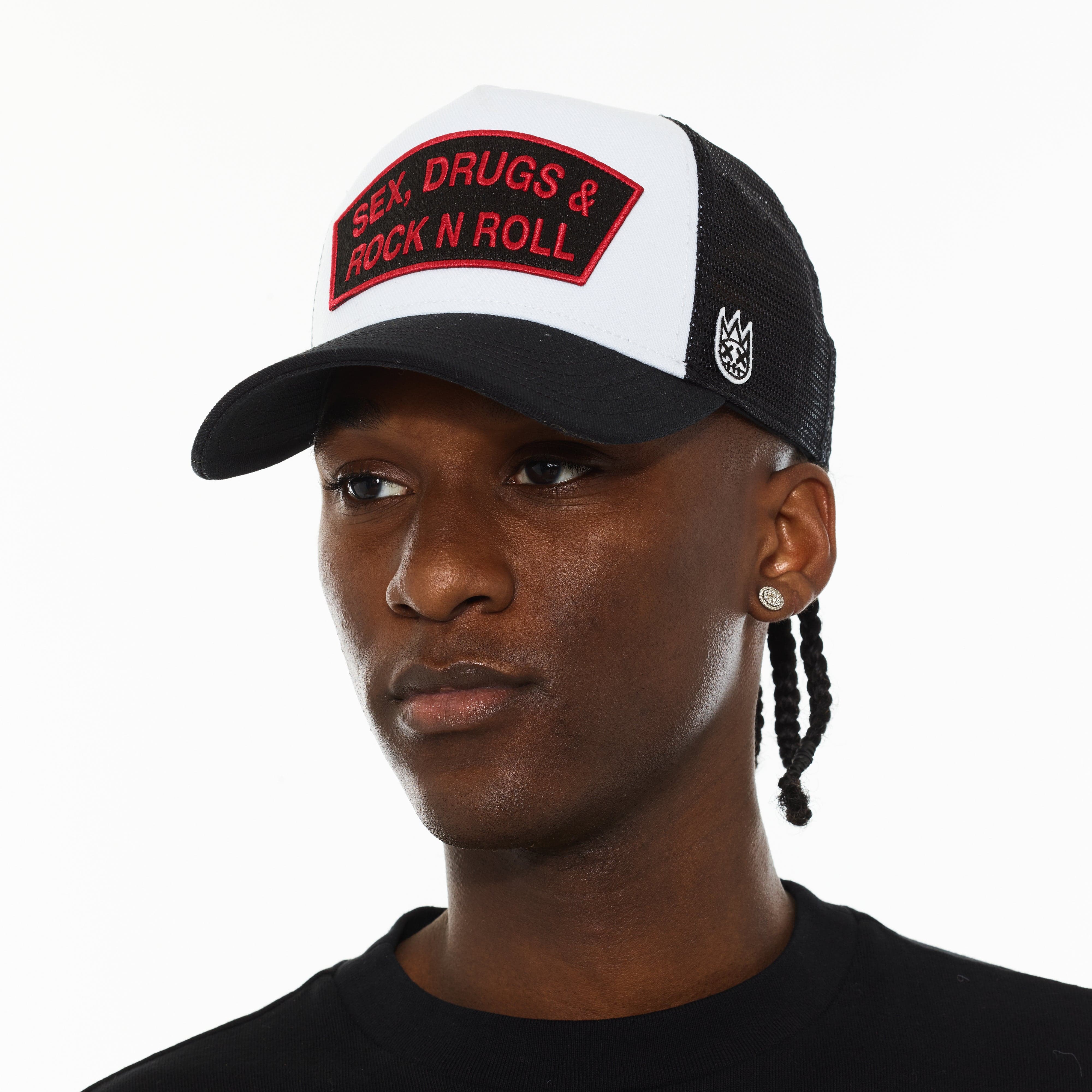 Cult's Logo Mesh Back Trucker Hat "Sex Drugs Rock N Roll" in White - Image 4