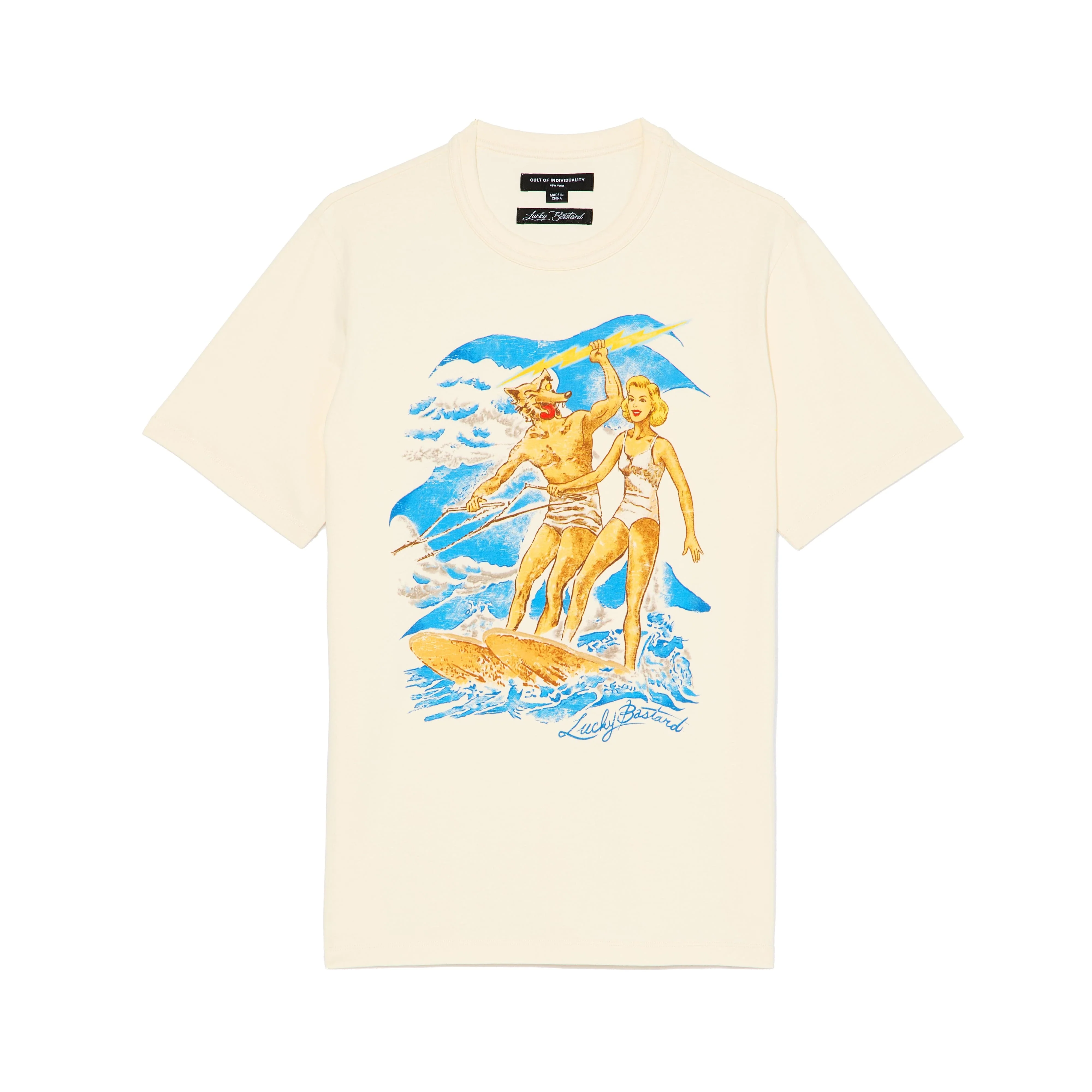 Cult's Lucky Bastard Short Sleeve Crew Neck Tee "Surfin Usa" in Winter White
