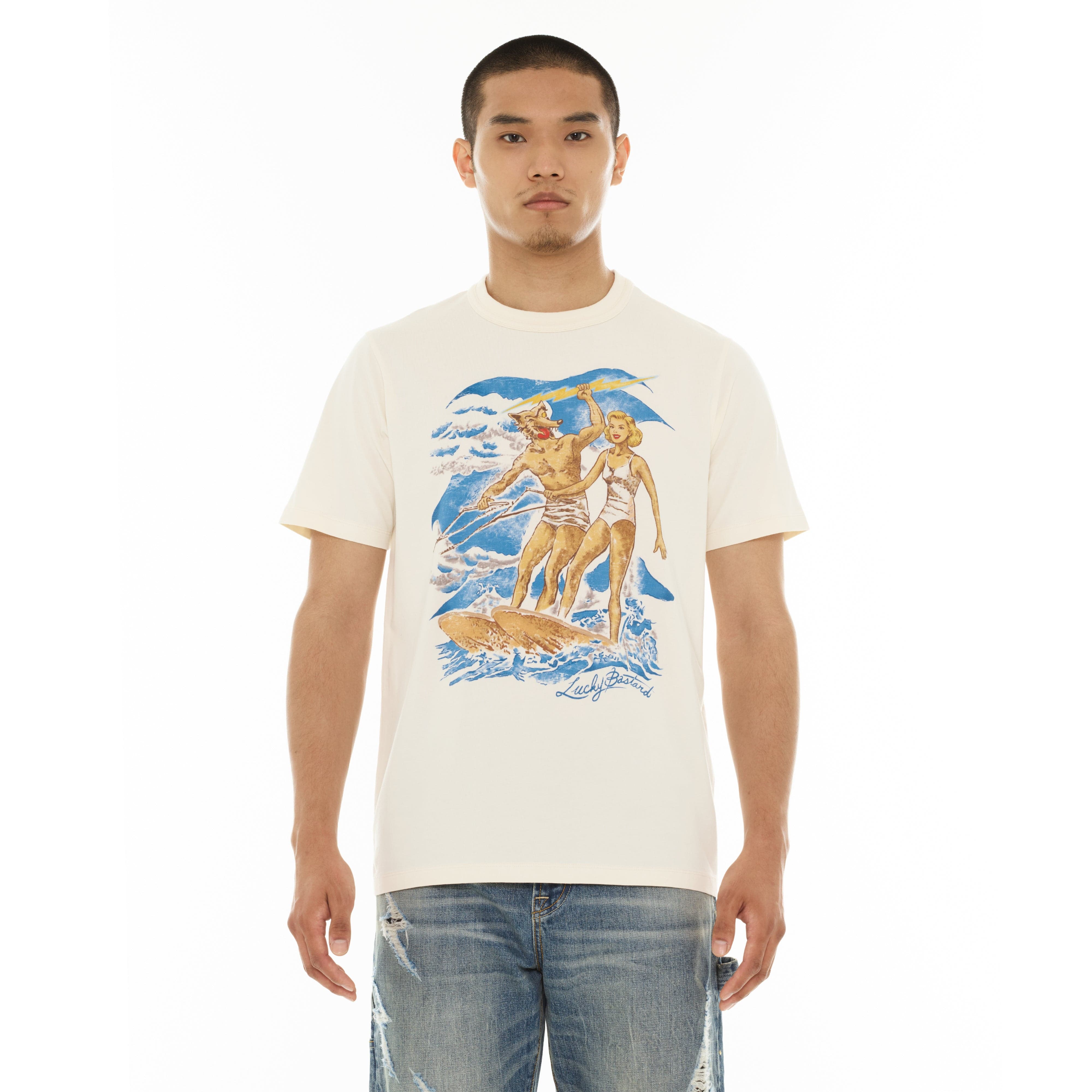 Cult's Lucky Bastard Short Sleeve Crew Neck Tee "Surfin Usa" in Winter White - Image 2