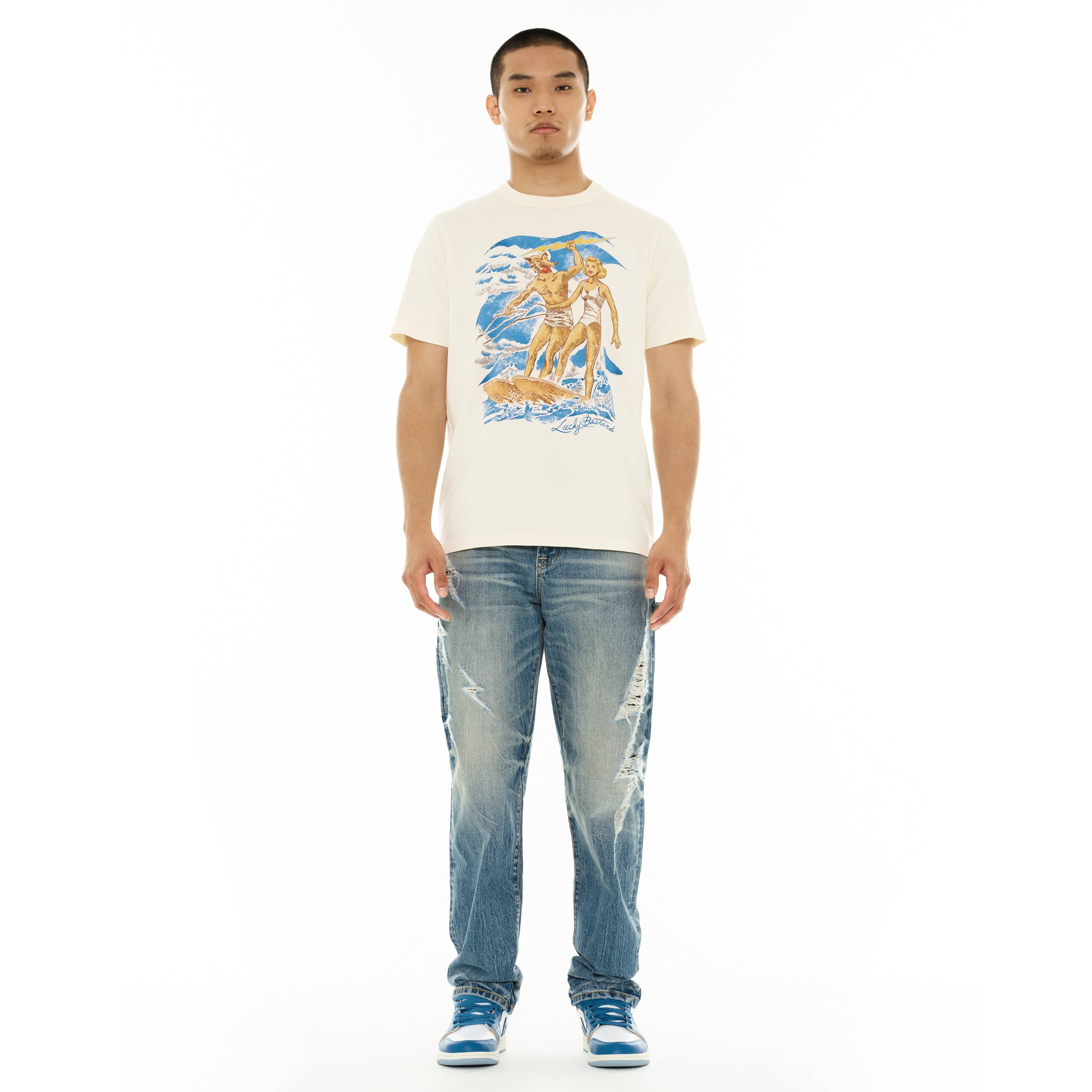 Cult's Lucky Bastard Short Sleeve Crew Neck Tee "Surfin Usa" in Winter White - Image 4