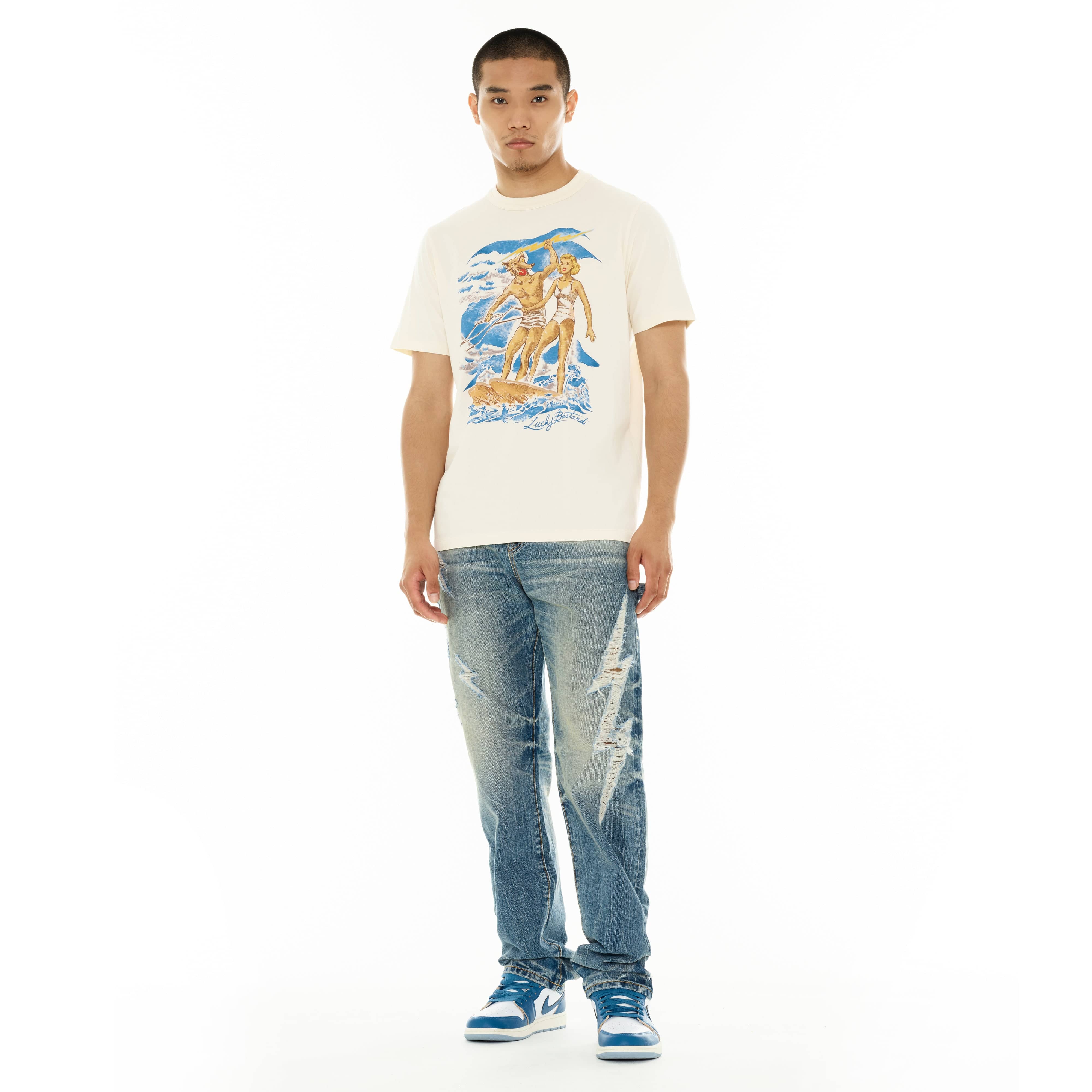 Cult's Lucky Bastard Short Sleeve Crew Neck Tee "Surfin Usa" in Winter White - Image 5