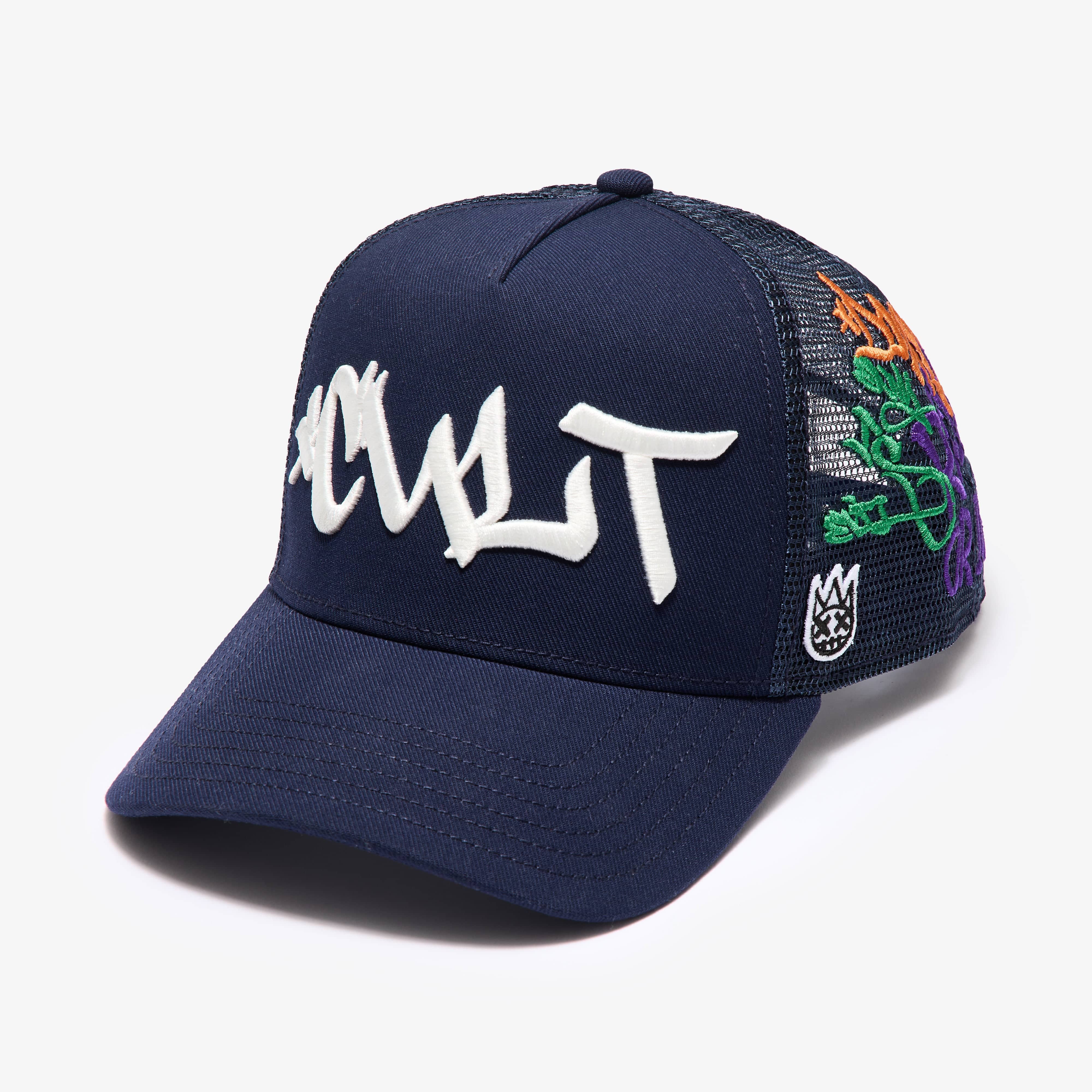 Cult's Mesh Back Trucker Hat "Graffiti" In Midnight Blue - Image 2