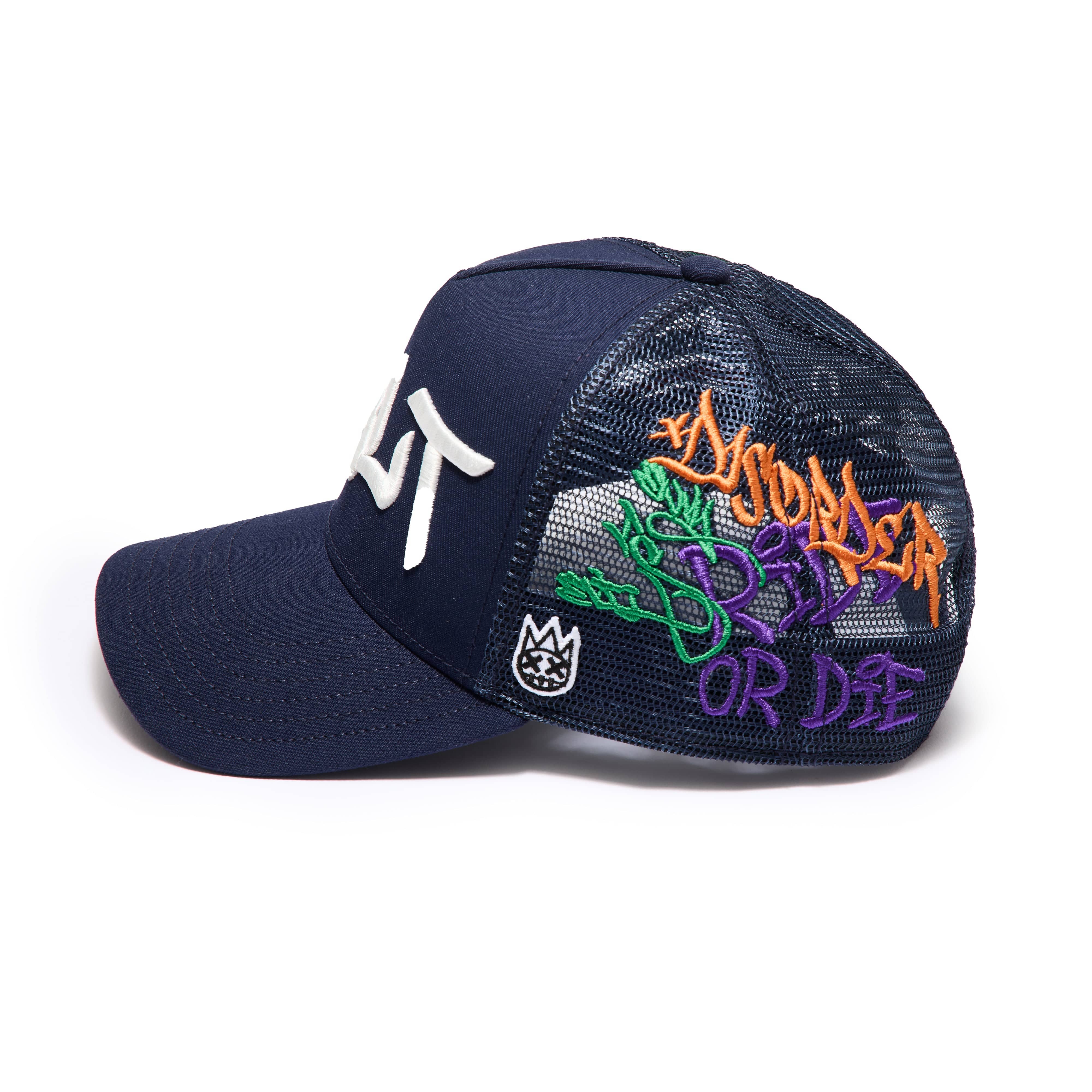 Cult's Mesh Back Trucker Hat "Graffiti" In Midnight Blue - Image 3