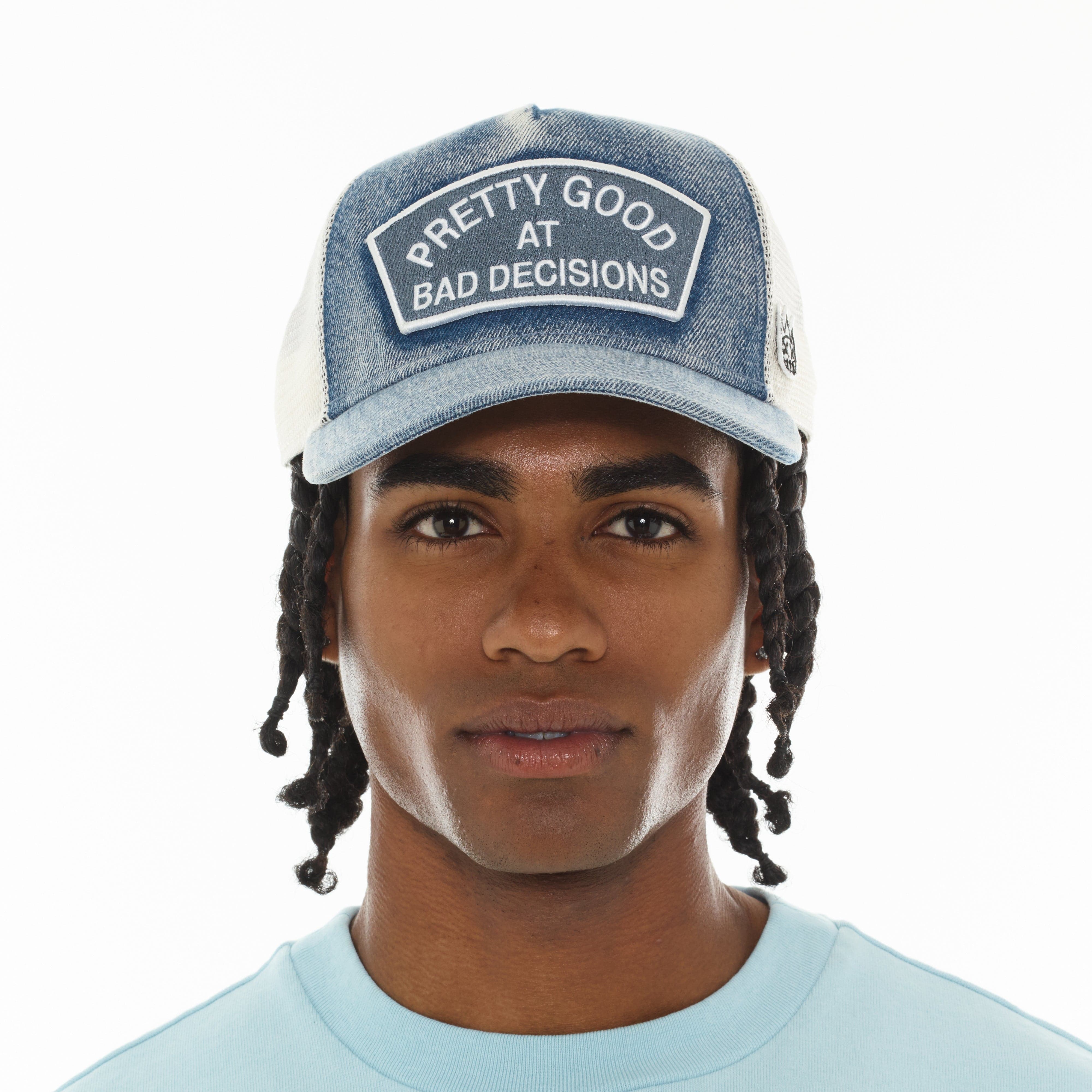 Cult's Mesh Trucker Hat "Good At Bad Decisions" In Denim - Image 3