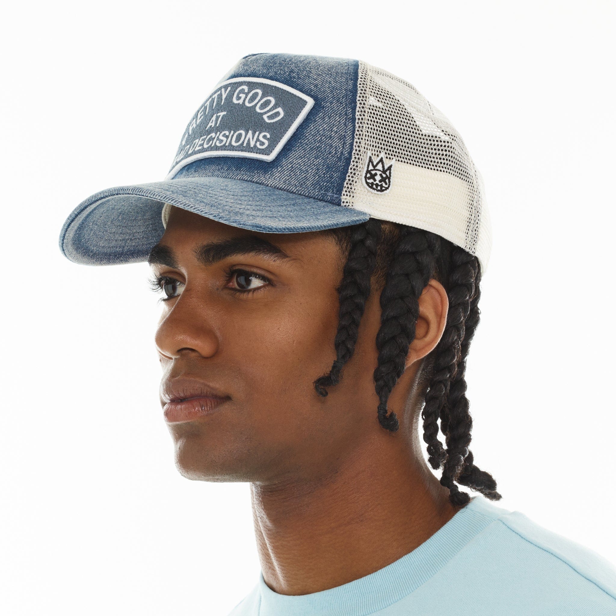 Cult's Mesh Trucker Hat "Good At Bad Decisions" In Denim - Image 4
