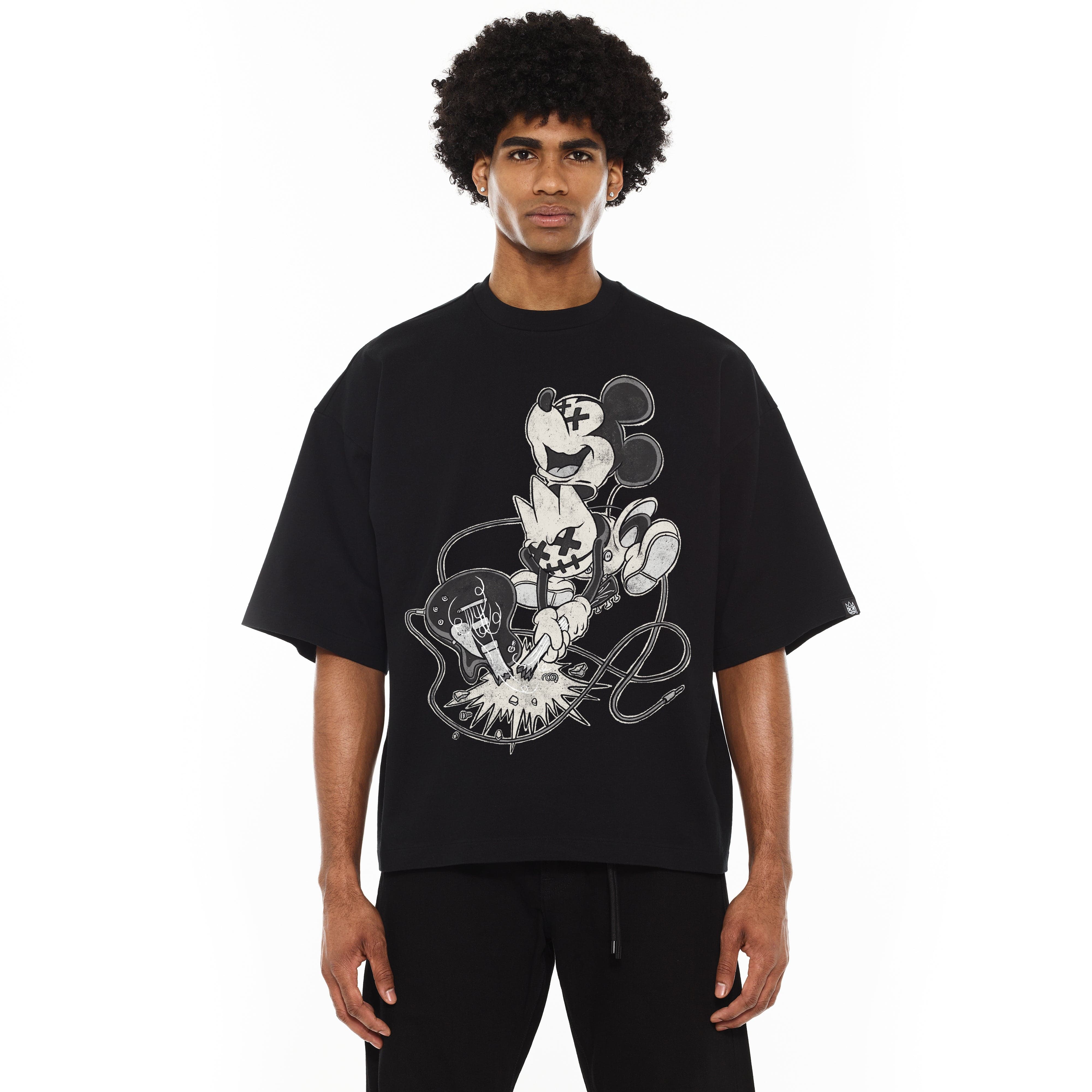 Cult's Oversized Heavyweight Boxy Short Sleeve Crew Neck Tee "No Music No Life" in Black - Image 2