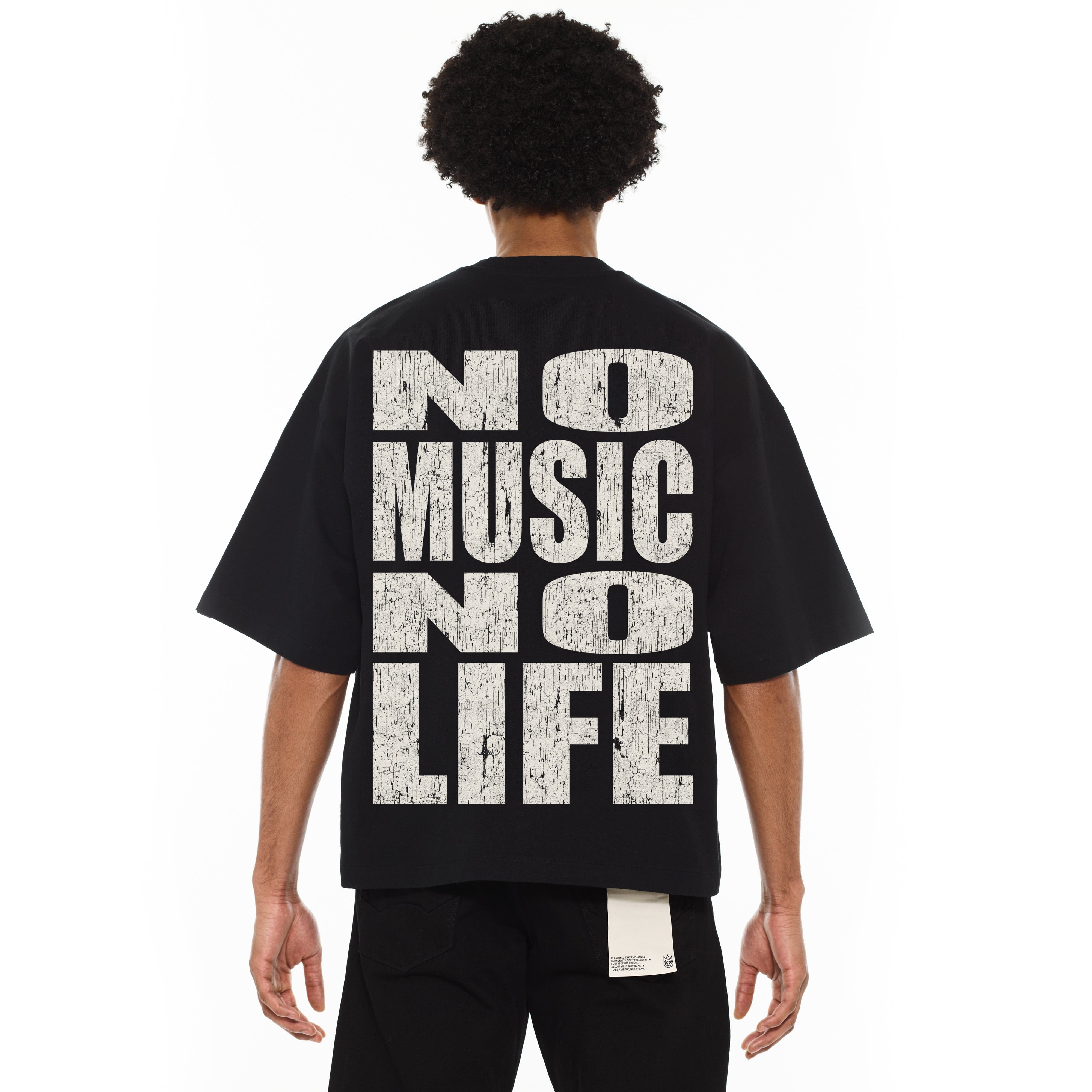 Cult's Oversized Heavyweight Boxy Short Sleeve Crew Neck Tee "No Music No Life" in Black - Image 3