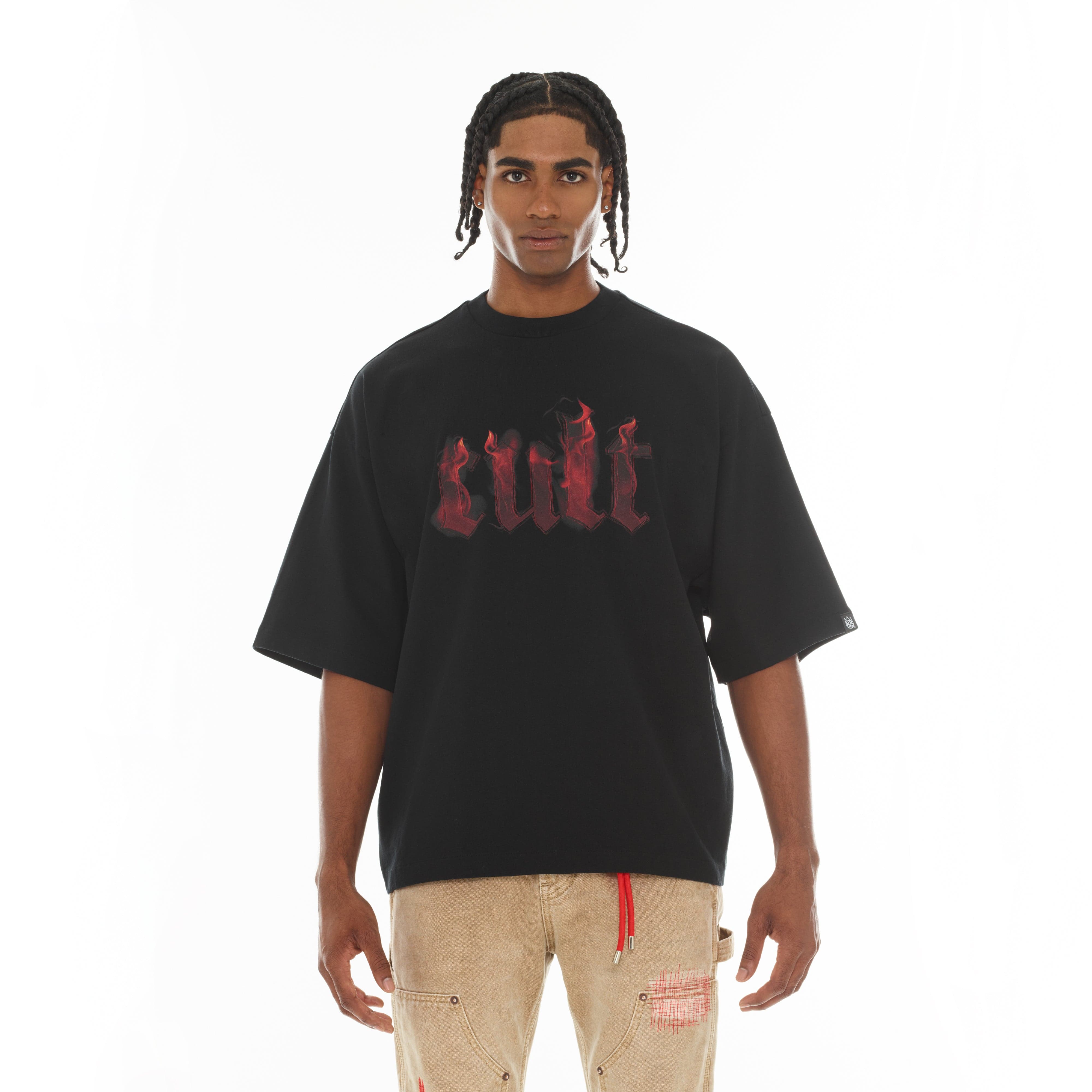 Cult's Oversized Short Sleeve Crew Neck Tee "Flame Logo" in Black - Image 2