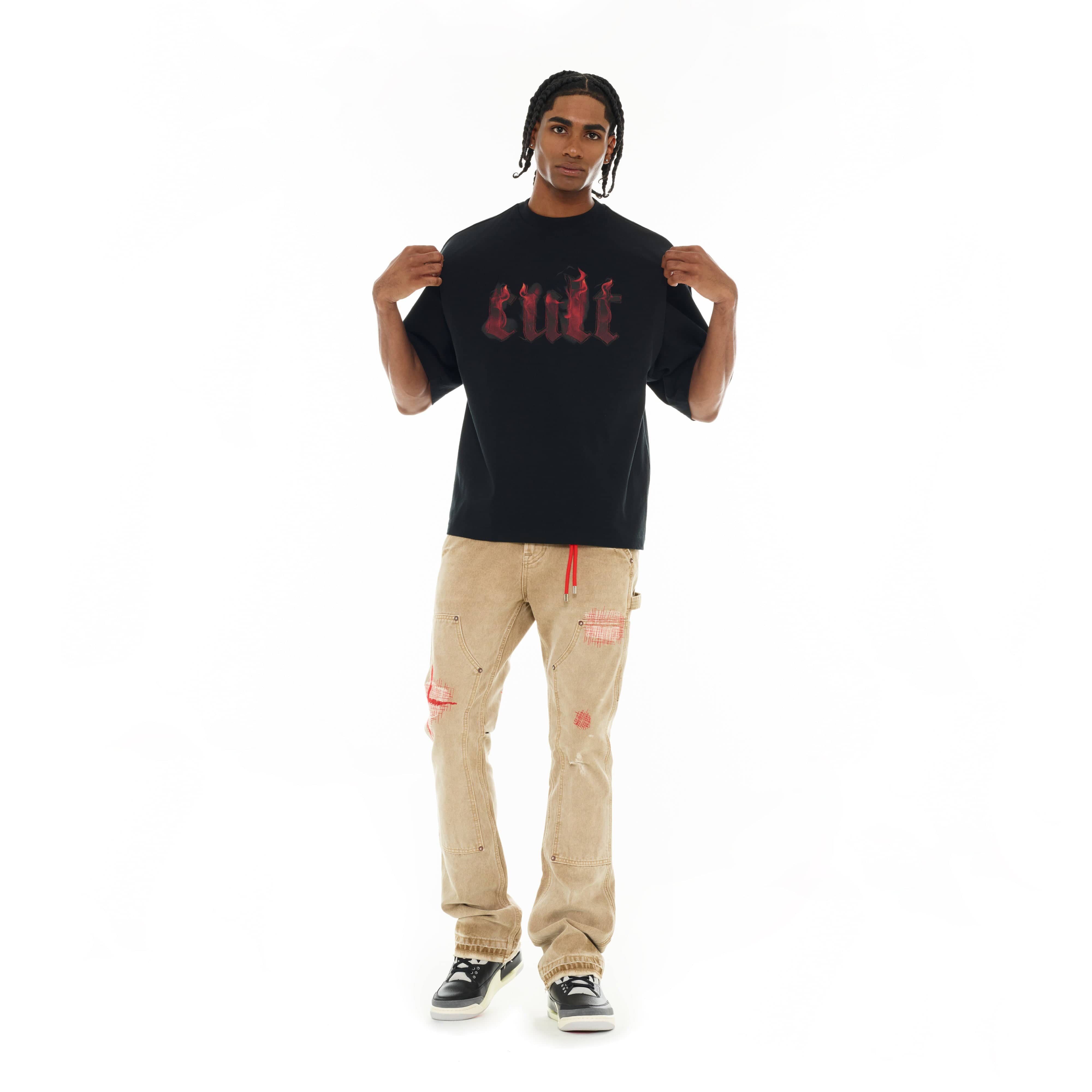 Cult's Oversized Short Sleeve Crew Neck Tee "Flame Logo" in Black - Image 4