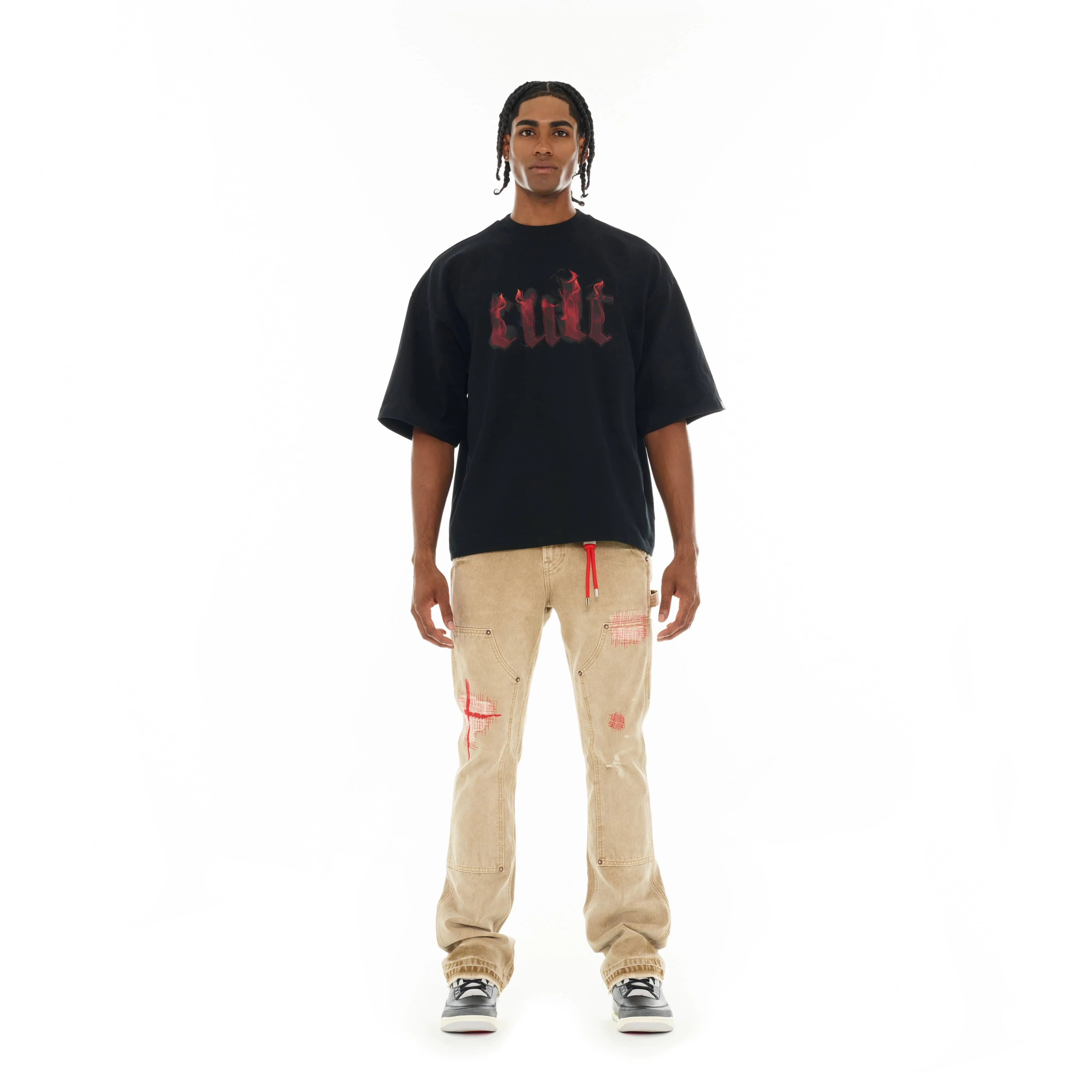 Cult's Oversized Short Sleeve Crew Neck Tee "Flame Logo" in Black - Image 5