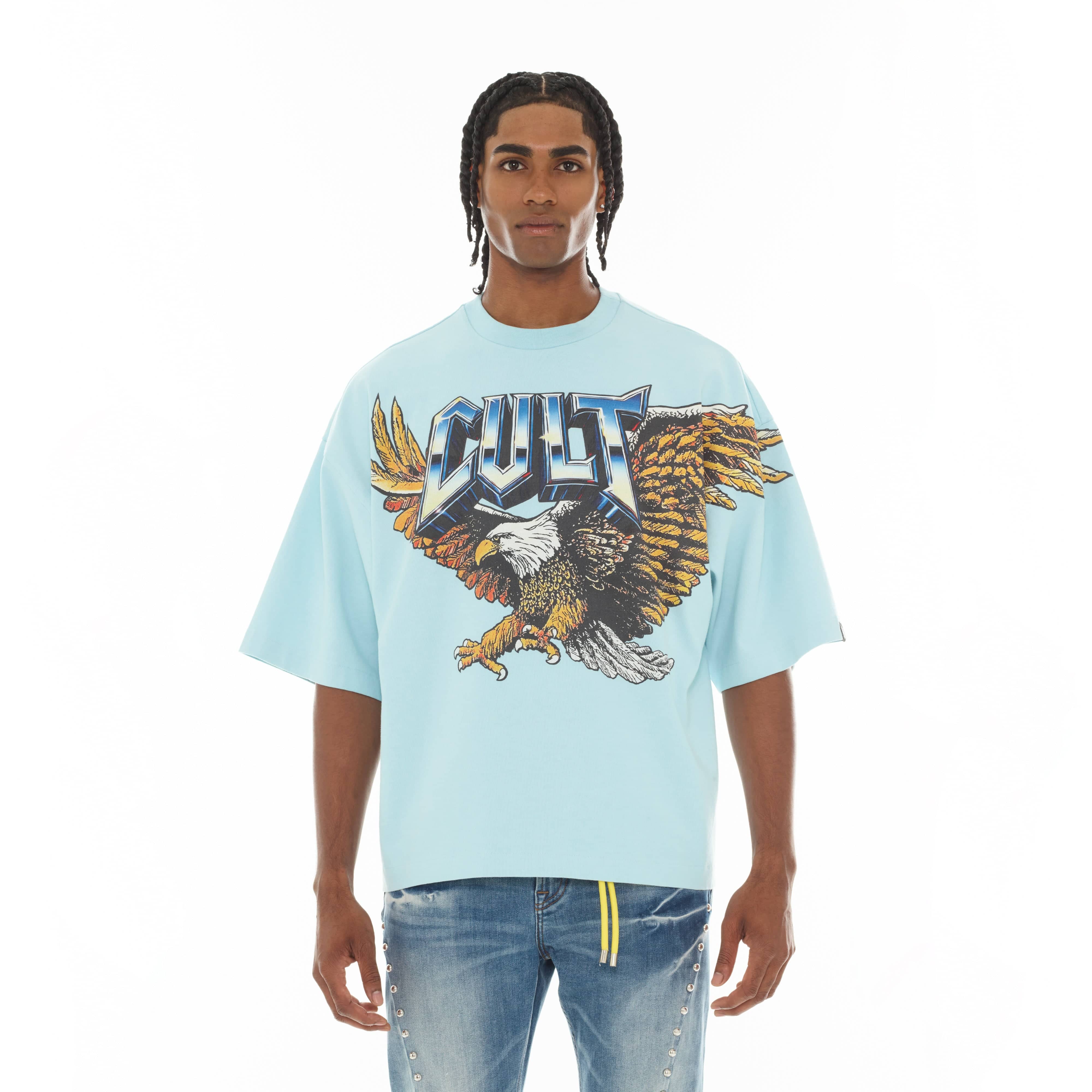 Cult's Oversized Short Sleeve Crew Neck Tee "Predator" in Blue Glow - Image 2