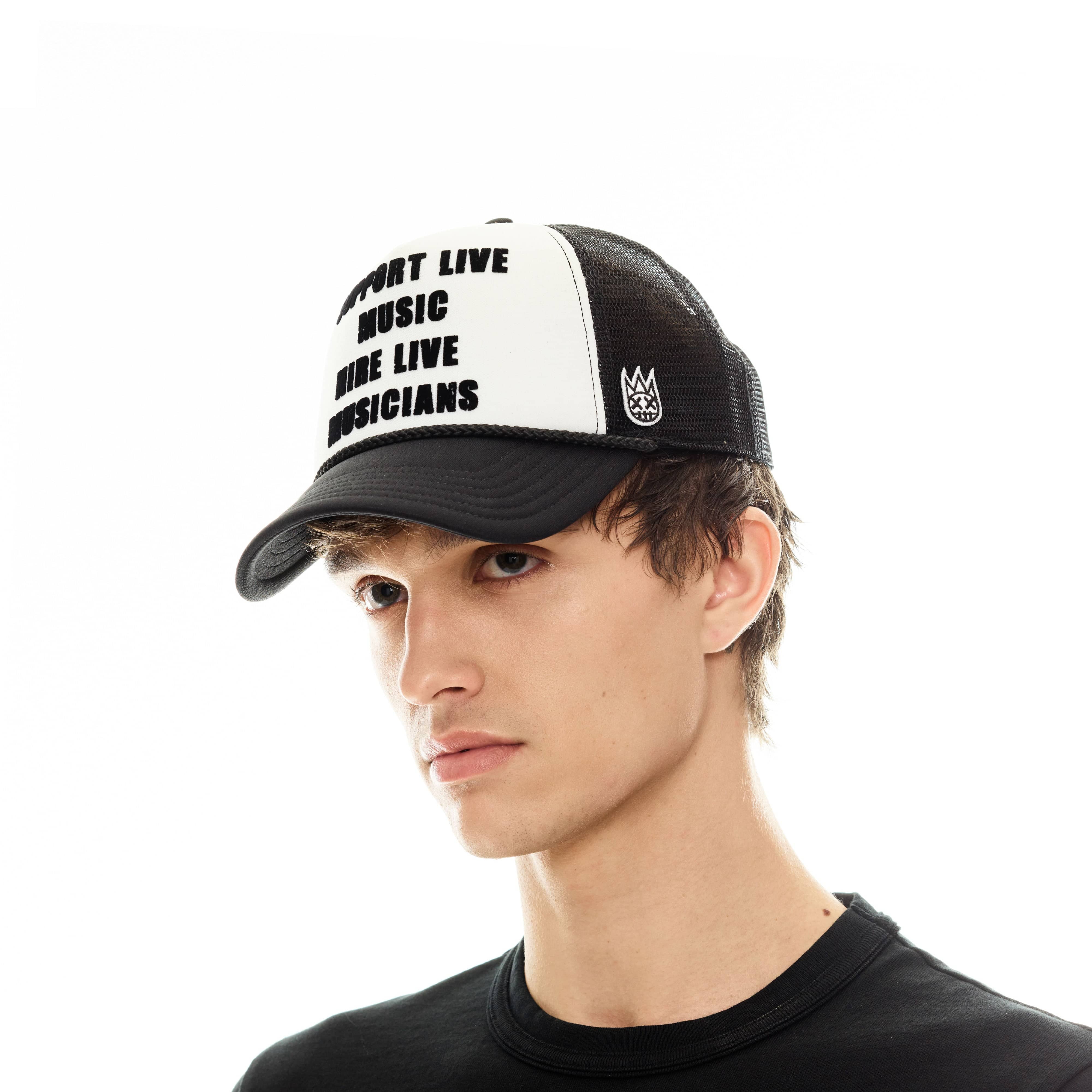 Cult's Support Live Music Foam Mesh Trucker in White & Black - Image 3