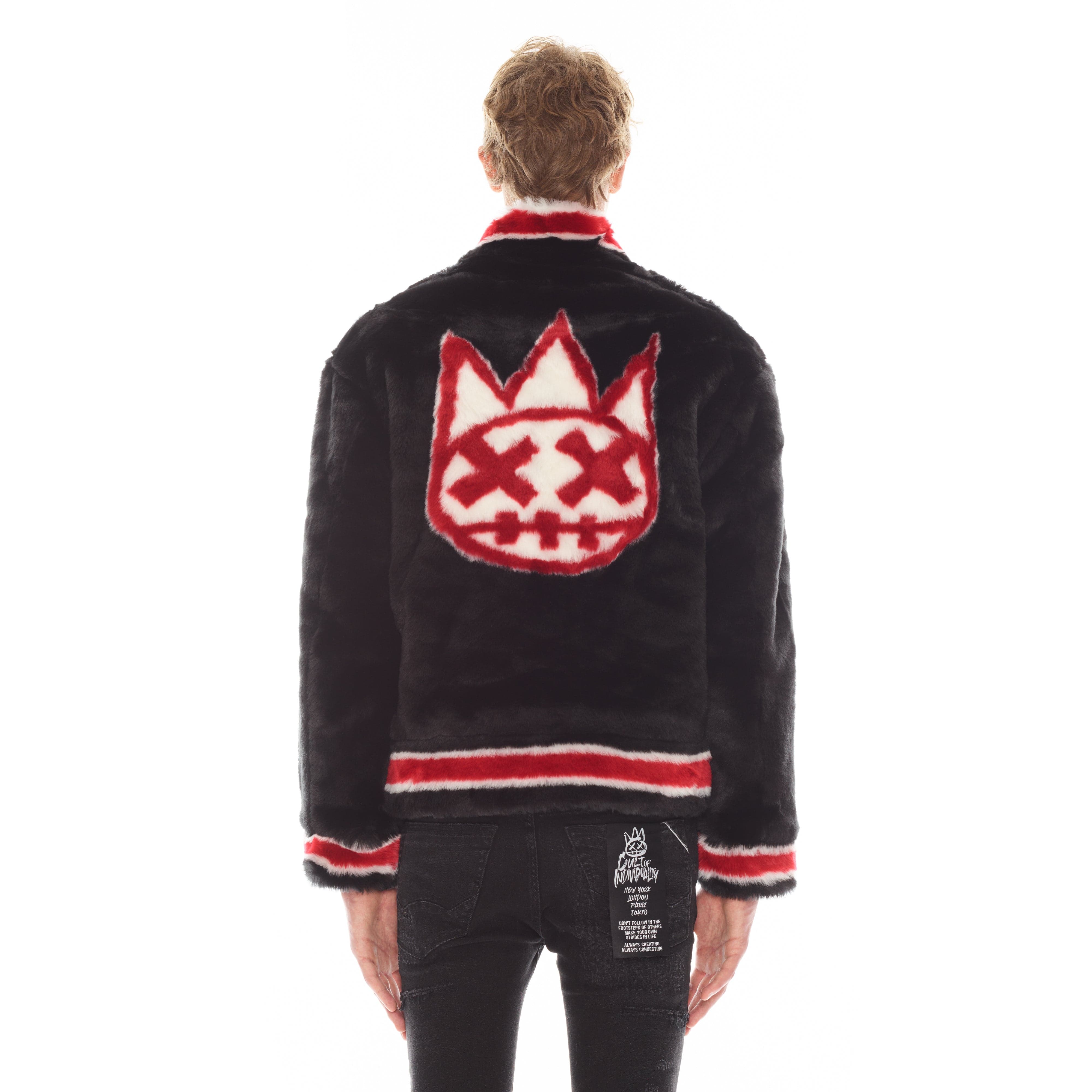FAUX FUR VARSITY JACKET IN BLACK - Image 2