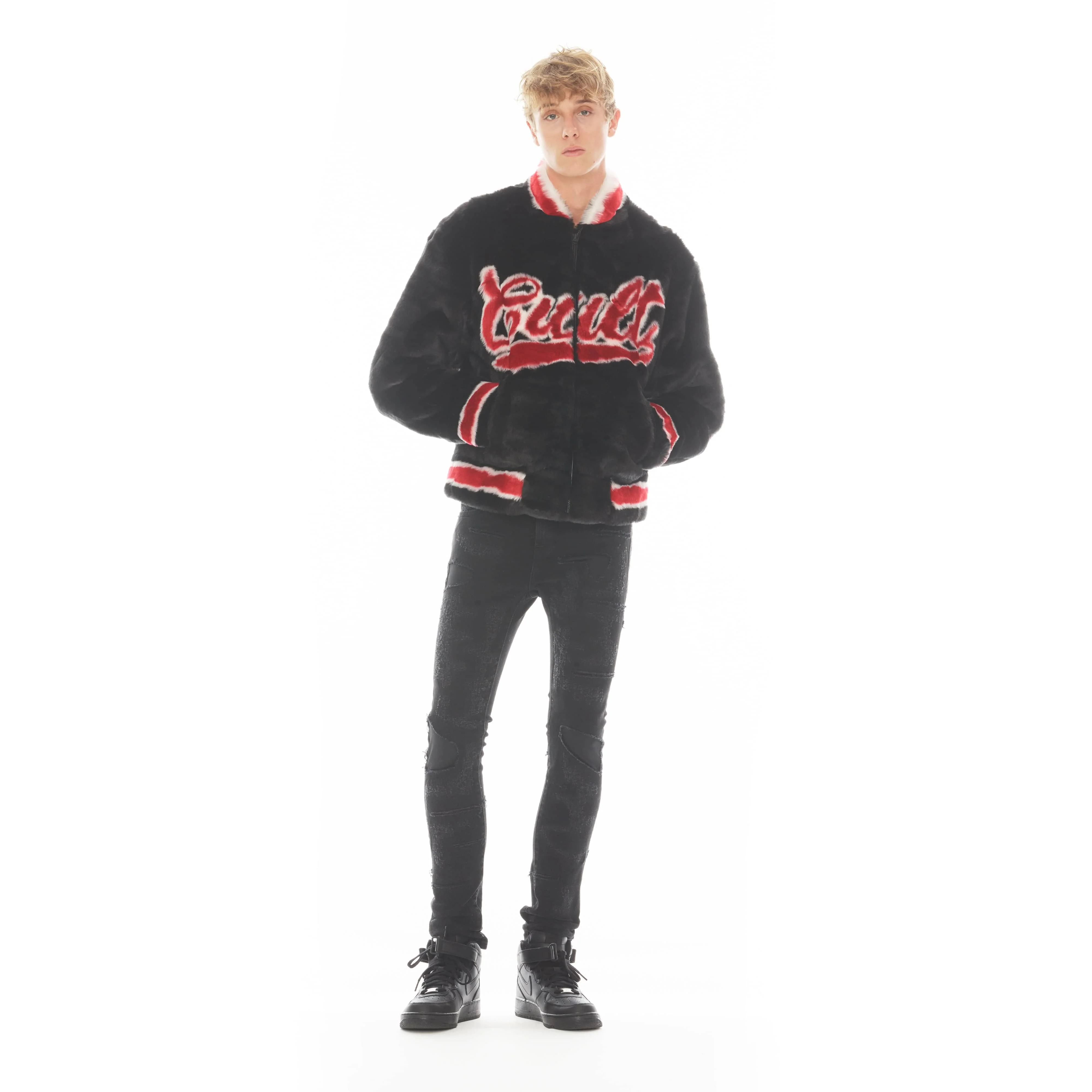 FAUX FUR VARSITY JACKET IN BLACK - Image 3