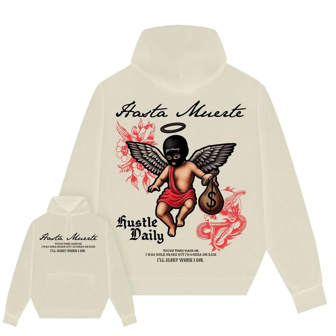 Hasta Muerte Red Shaded MM Tattoo Hoodie (Sandshell) - Image 4
