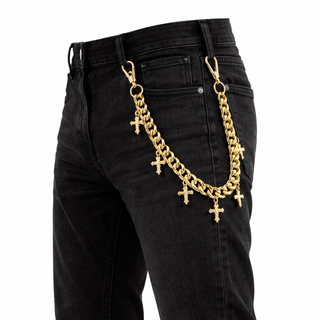 Jewelry Essentials 12mm Cuban With 7 Cross Pant Chain 22" (Gold) BKC-153G